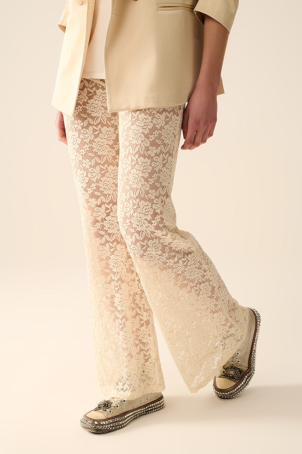 Floral Lace Cream Flared Pants for Women - Elegant Boho Chic Wide Leg Trousers - Perfect for Casual Outings, Date Nights & Summer Vacations