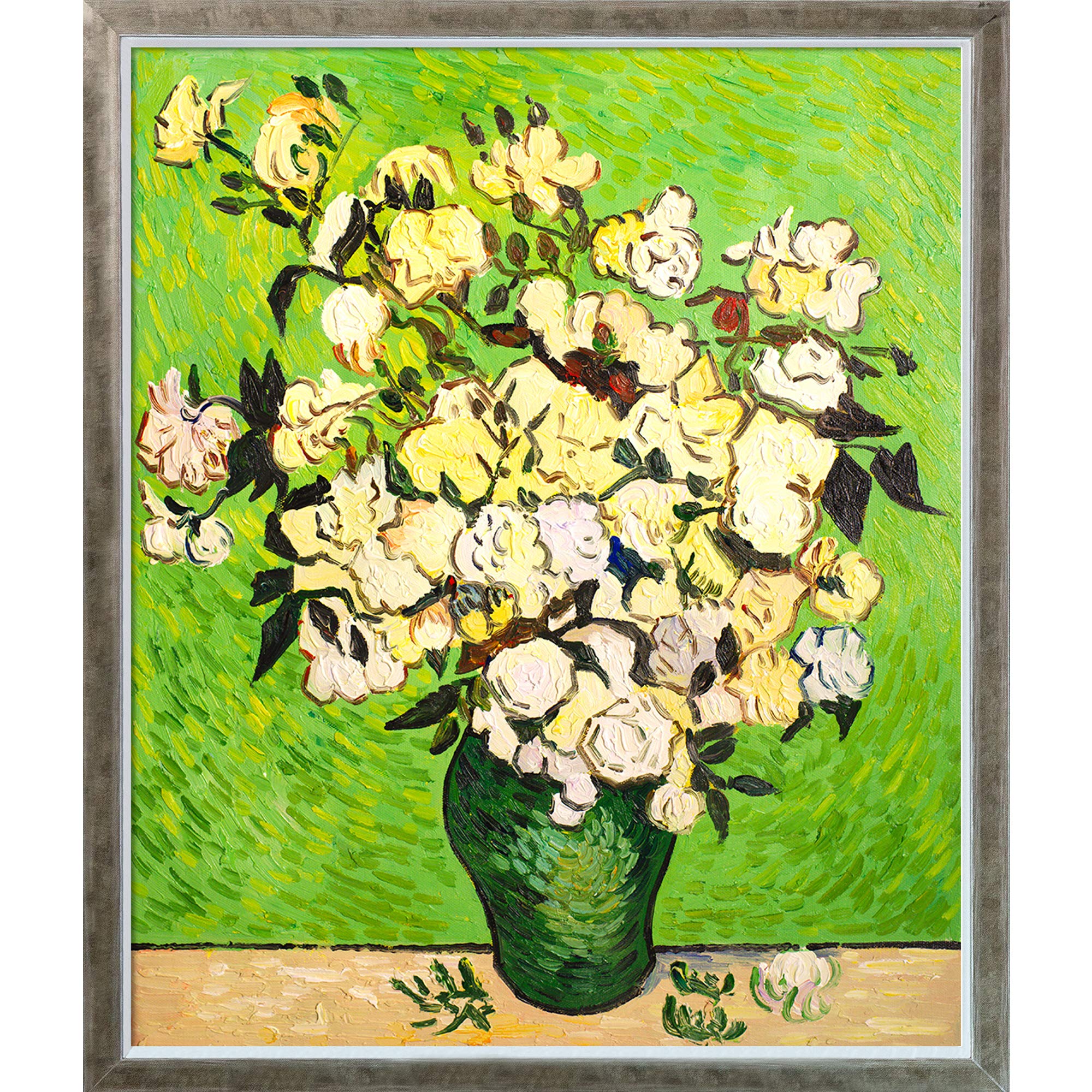 La Pastiche Hand-Painted Oil Reproduction Vase with Roses & Champagne Silhouette - 26.4x22.4 Inch Framed Wall Art - Perfect for Living Room, Bedroom & Office Decor