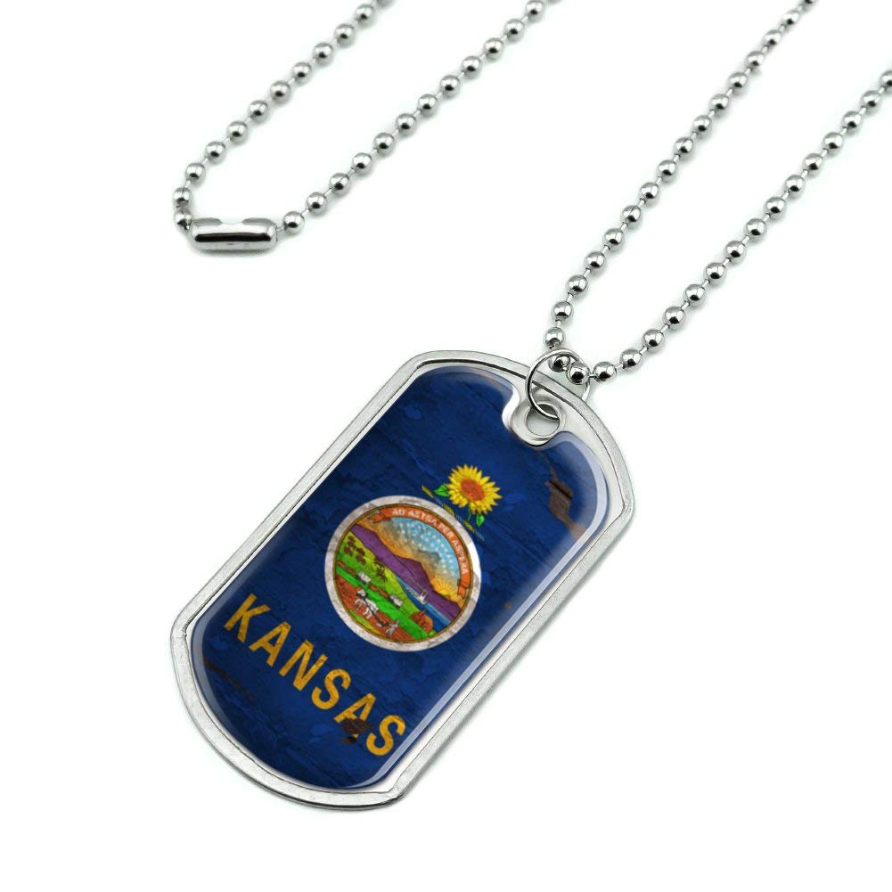 Vintage Kansas State Flag Dog Tag Necklace - Distressed USA Military Style Pendant with Chain - Perfect for Patriotic Gifts & College Game Day Accessories