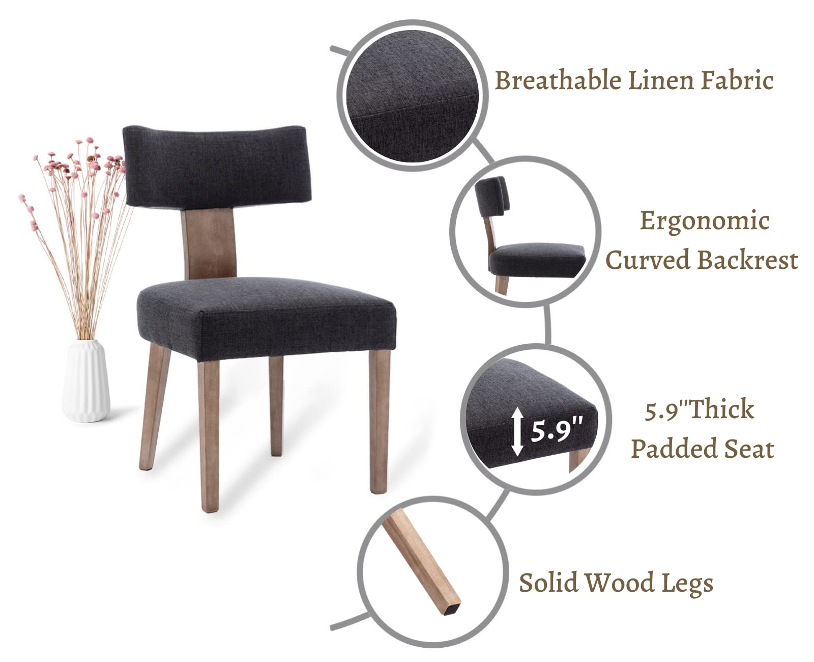 EALSON Mid Century Modern Dining Chairs Set of 2 - Linen Upholstered Kitchen Chairs with Wood Legs & Curved Back - Farmhouse Style Accent Chairs for Dining Room, Living Room or Kitchen - Charcoal Grey - Perfect for Farmhouse Decor, Small Spaces & Cozy Dining Areas