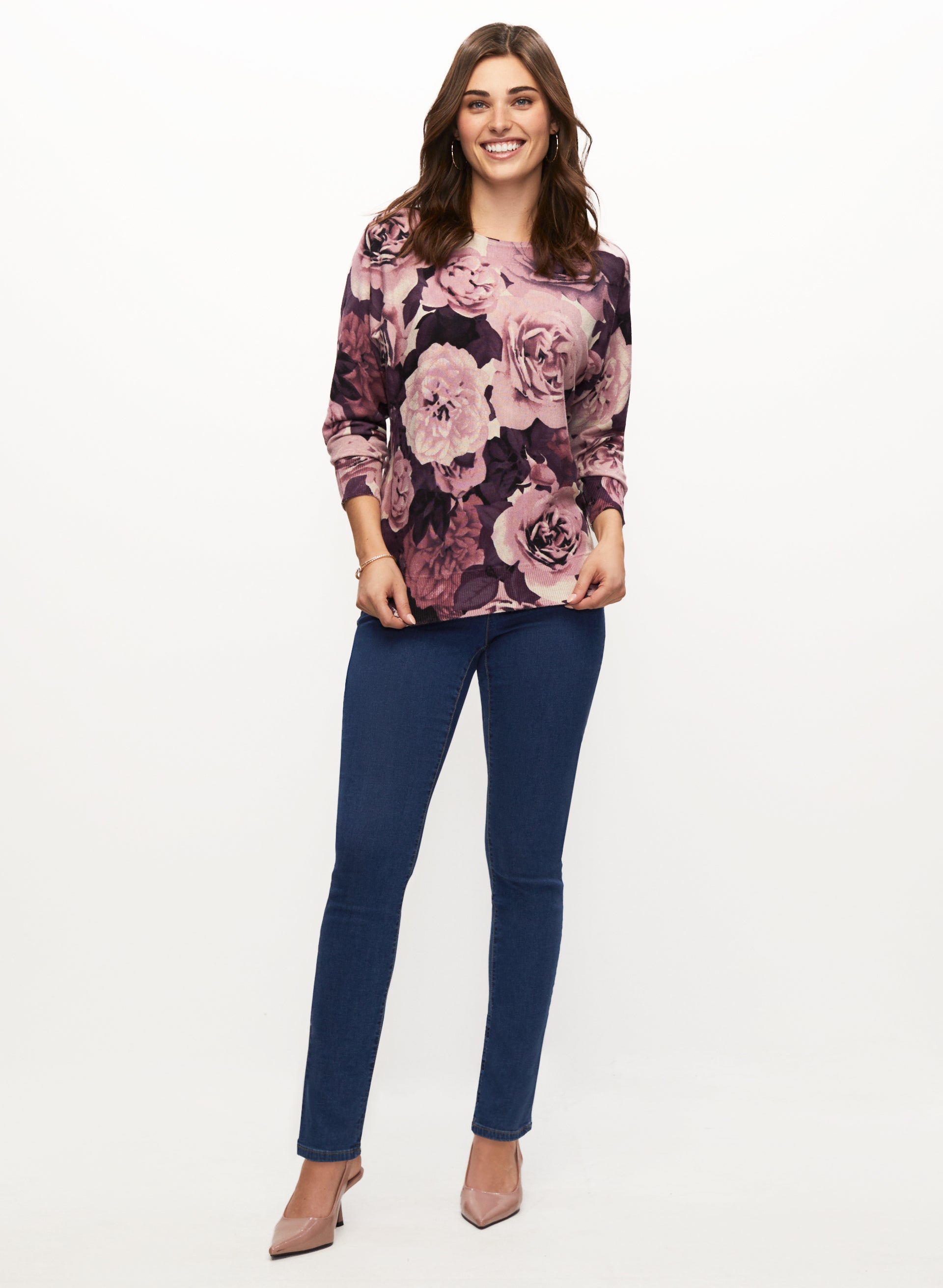 Floral Print Sweater & Straight Leg Jeans Set - Women's Casual Outfit for Spring Fall | Perfect for Office, Dating and Weekend Outings
