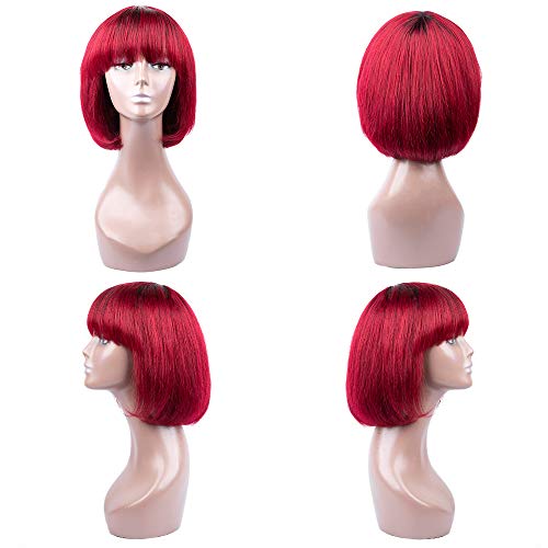 Brazilian Human Hair Wigs with Bangs - Short Bob Ombre Wigs for Women, Glueless Machine Made Straight Hair Wigs, Natural Color (10 Inch, T1b/99J) - Perfect for Daily Wear, Cosplay & Fashion Styling