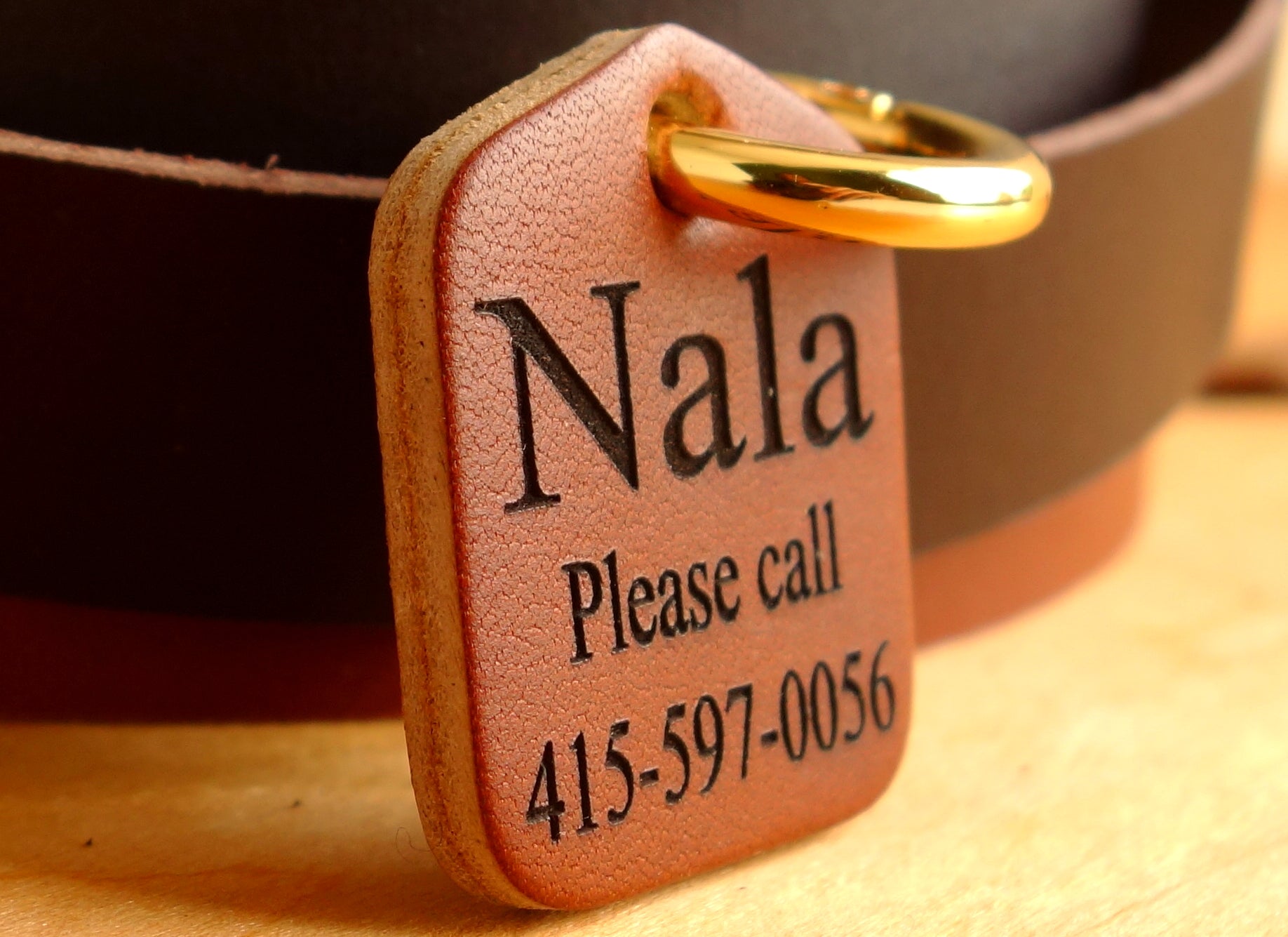 Personalized Leather Dog Collar ID Tag with Spring Ring - Custom Pet Name & Phone Number - Perfect for Daily Walks, Travel & Outdoor Adventures