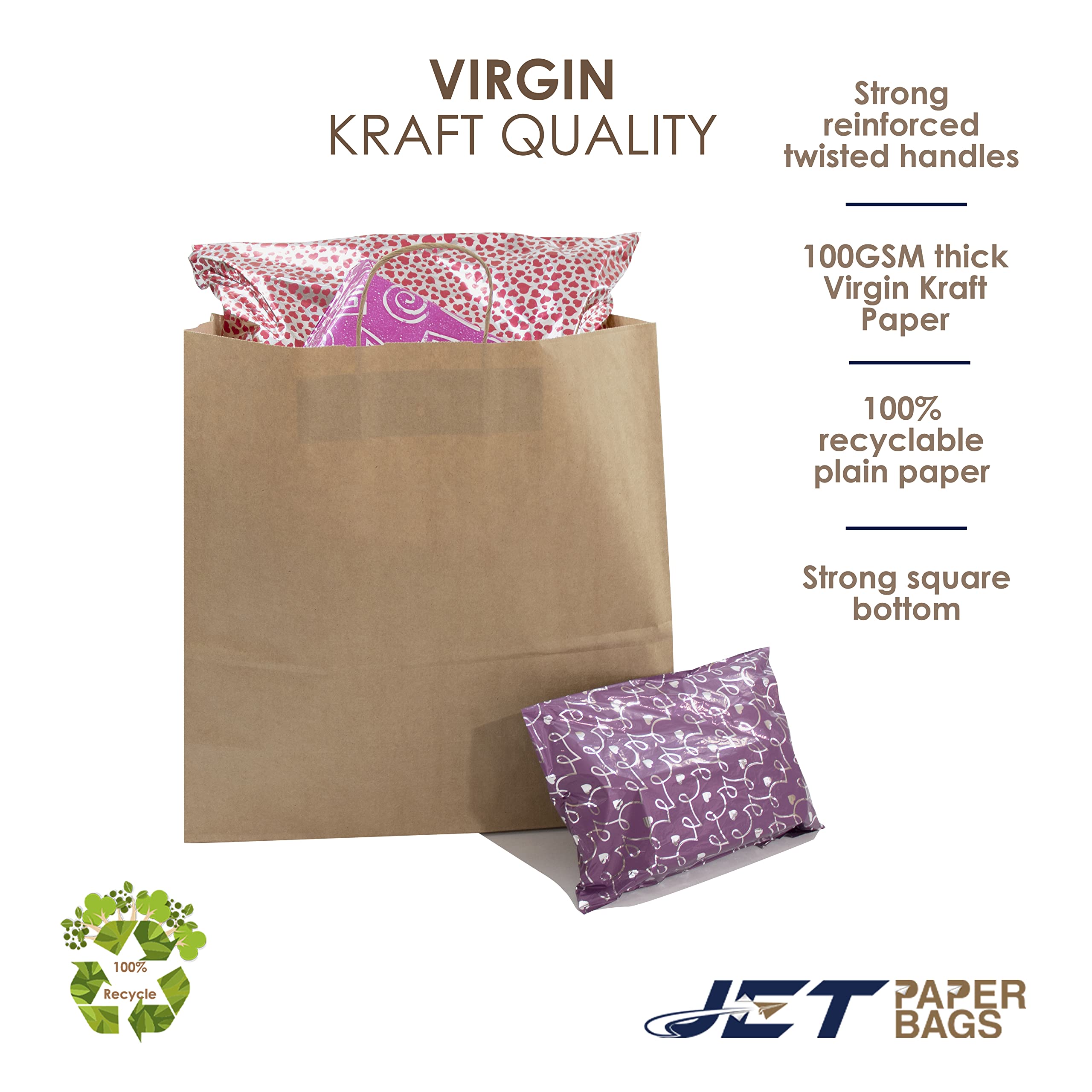 JET PAPER BAGS - 18x7x18 Inch [100 Pcs] Large Brown Kraft Paper Bags with Handles for Takeout, Grocery, Retail, Party, Wedding Gifts - Eco-Friendly Recyclable Gift Bags for Shopping, Packaging, and Events