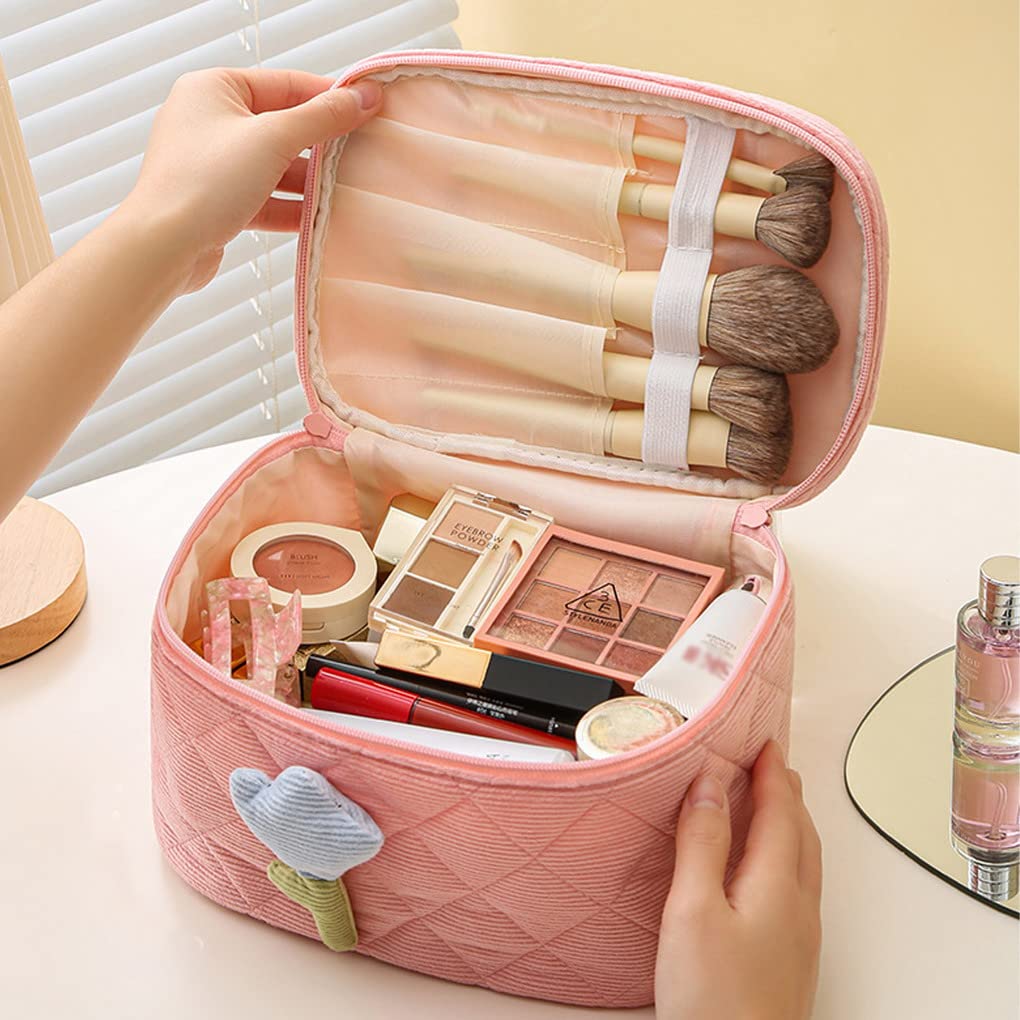 ACMEDE 3D Tulip Flower Makeup Bag for Women - Large Capacity Travel Cosmetic Organizer with Zipper, Corduroy Toiletry Bag for Girls | Perfect for Travel, Gym & Daily Beauty Storage (Beige)