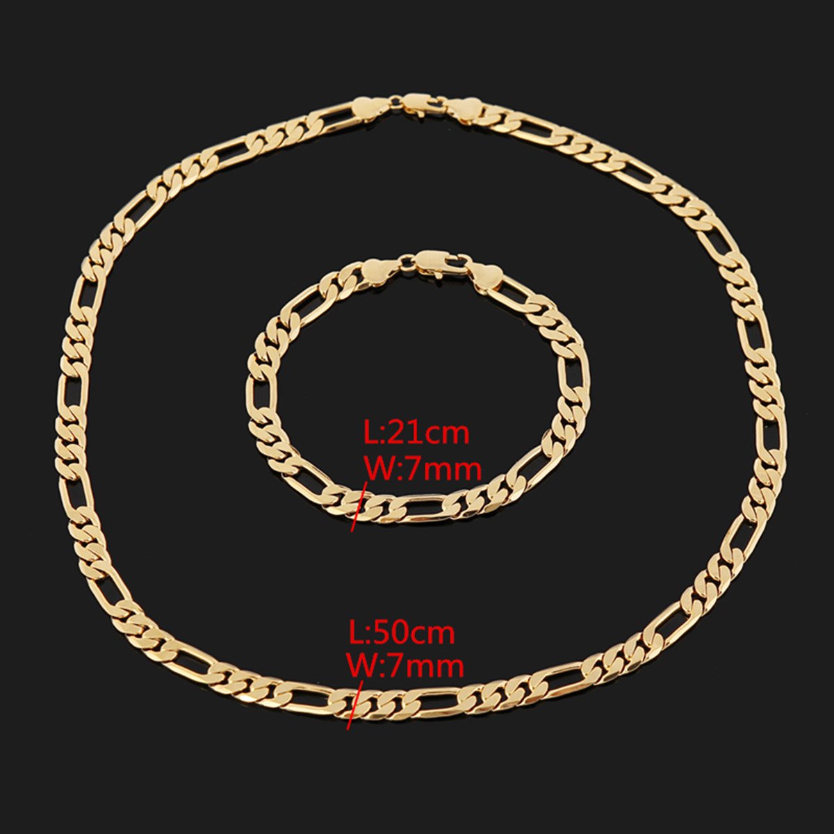 24K Gold Plated Men's Figaro Chain Necklace & Bracelet Set - Durable & Stylish Jewelry for Gifts, Parties, and Everyday Wear