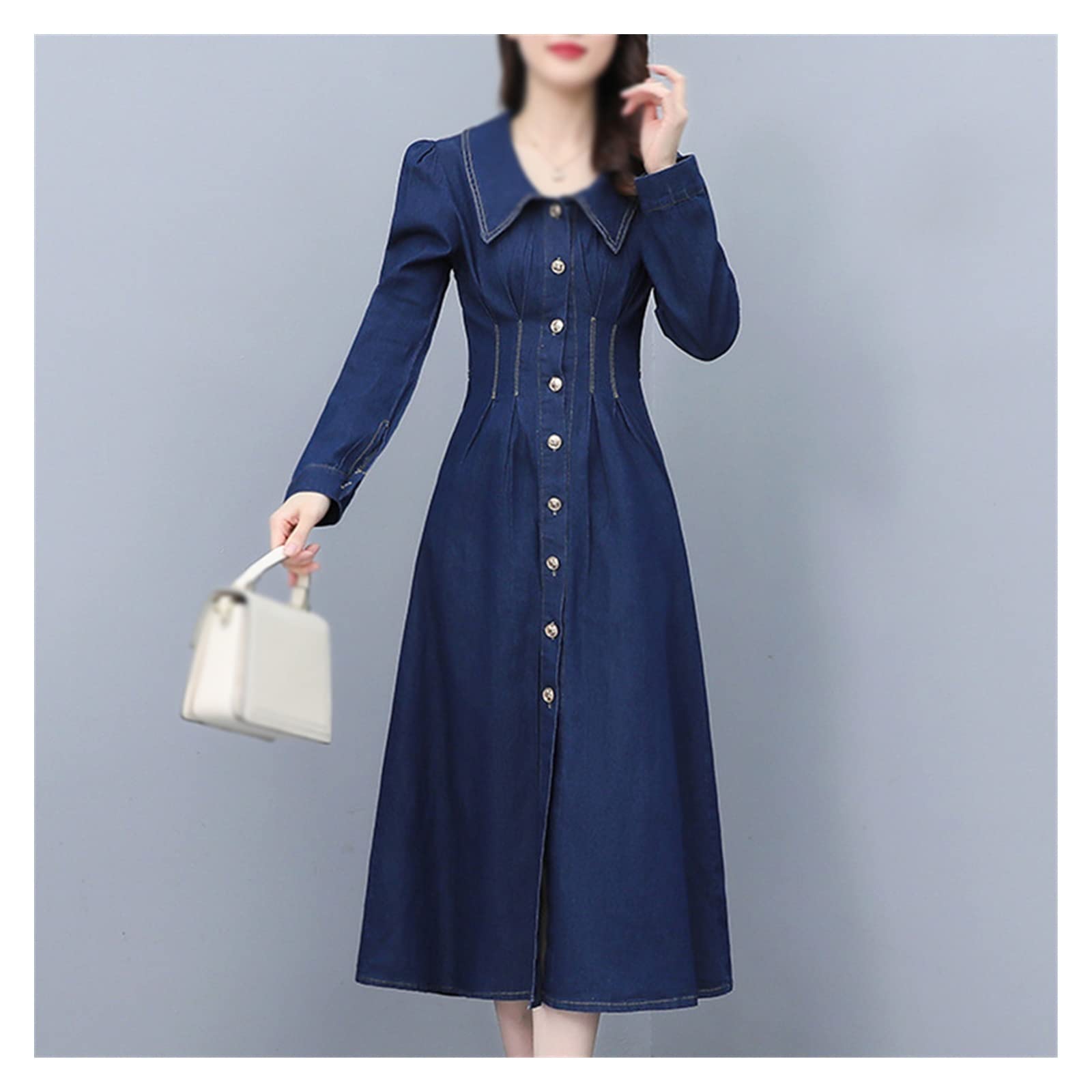 Vintage Denim Dresses for Women - Long Sleeve Slim Waist Elegant Korean Style Dress (Color A, Size S) | Perfect for Casual Outings, Date Nights & Office Wear