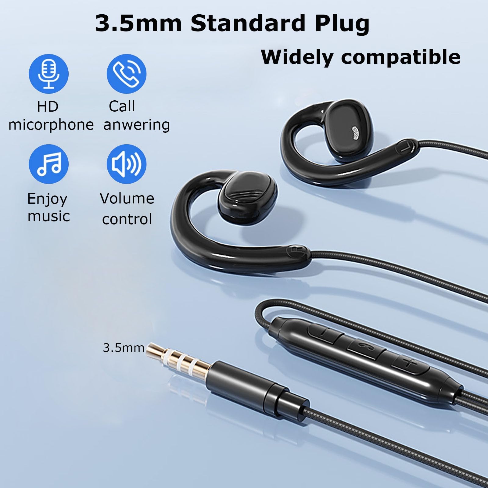 JINSERTA Open Ear Wired Earbuds with Microphone & Volume Control - 3.5mm AUX Headphones for iPhone, Android Phones, Tablets, PC - Lightweight Stereo Headset with Secure Ear Hook for Running, Cycling, Workouts & Gym (Black)