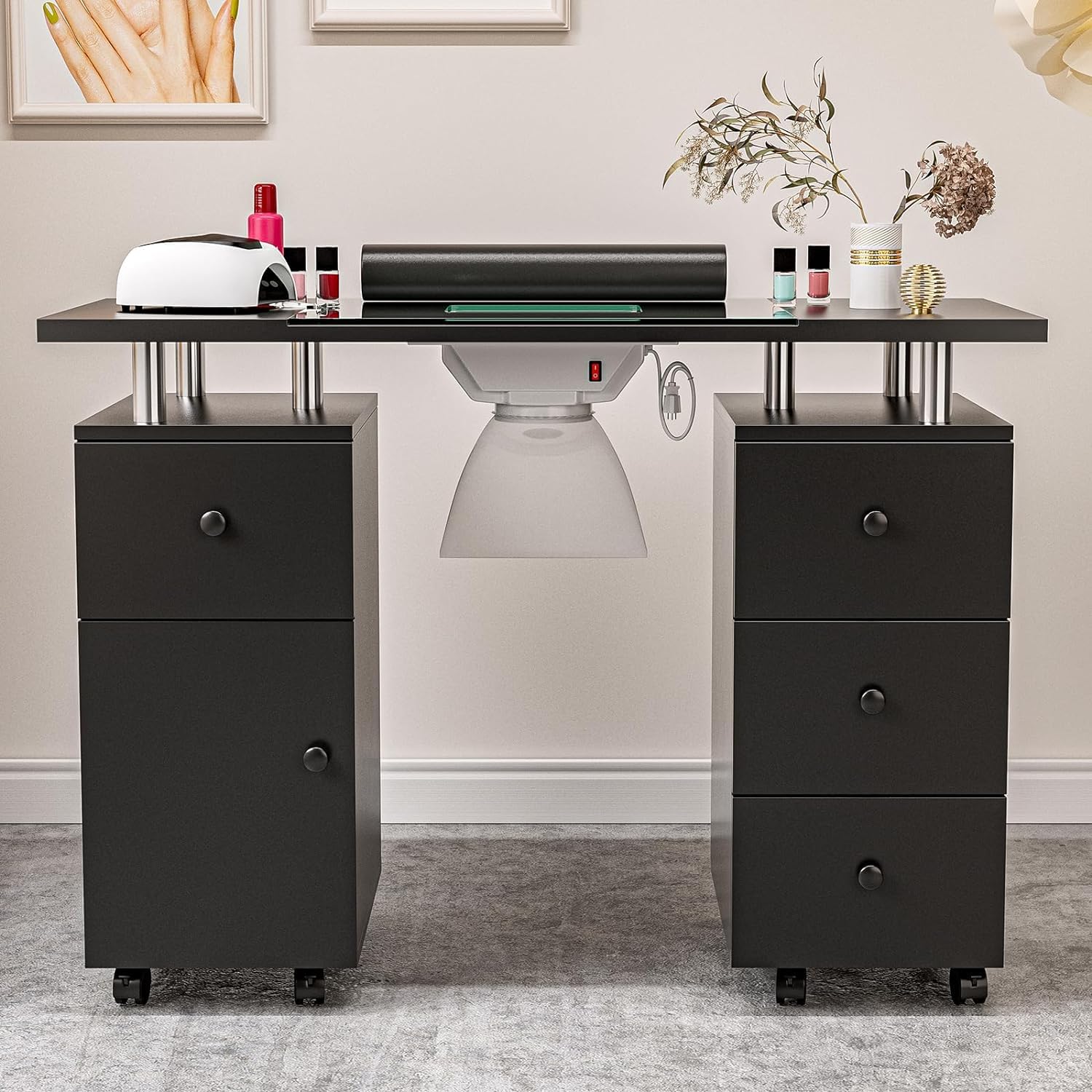 Professional Manicure Table with Glass Top - Electric Downdraft Ventilation, Wrist Cushion, Lockable Wheels & Storage Drawers - Perfect for Nail Salons, Home Studios & Mobile Nail Technicians (Black-Glass Design)