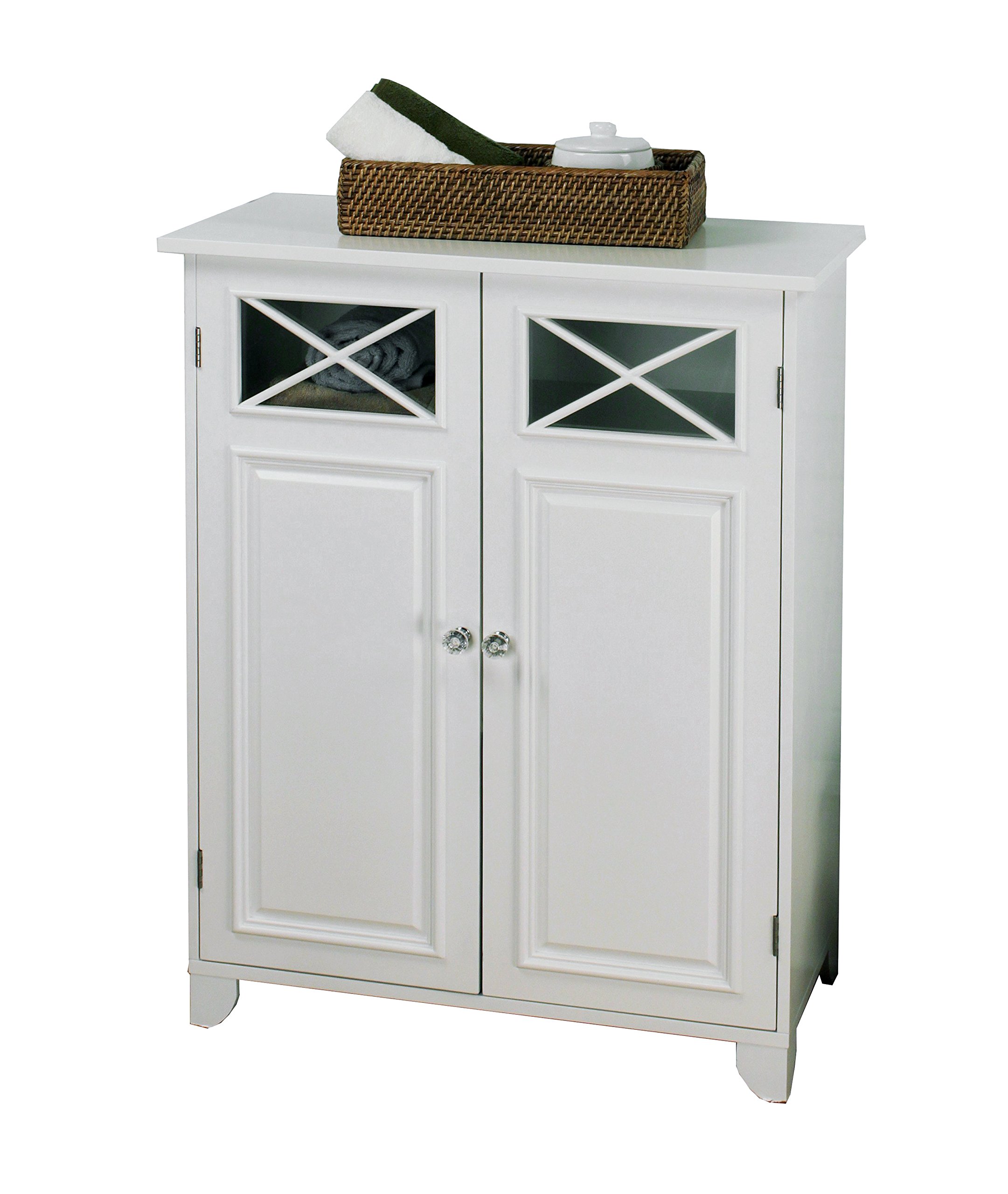 Teamson Home Dawson White Wooden Freestanding Floor Cabinet - 3 Storage Spaces, 1 Fixed & 1 Adjustable Shelf, 2 Glass Panel Doors with Clear Knobs - Perfect for Living Room, Bedroom, or Office Storage & Display
