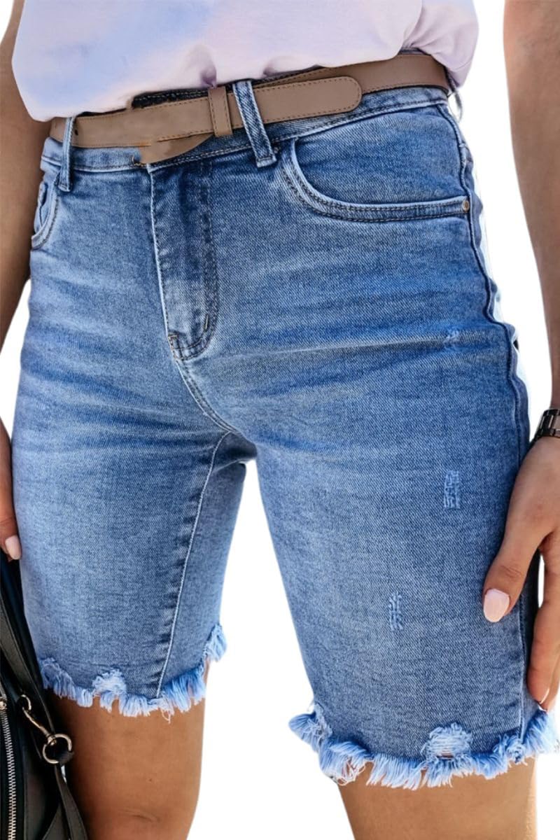 Women's High Waisted Bermuda Jean Shorts - Ripped Tassel Frayed Raw Hem Skinny Washed Denim Shorts with Pockets | Casual Summer Outfit, Beach Vacation, Streetwear Fashion
