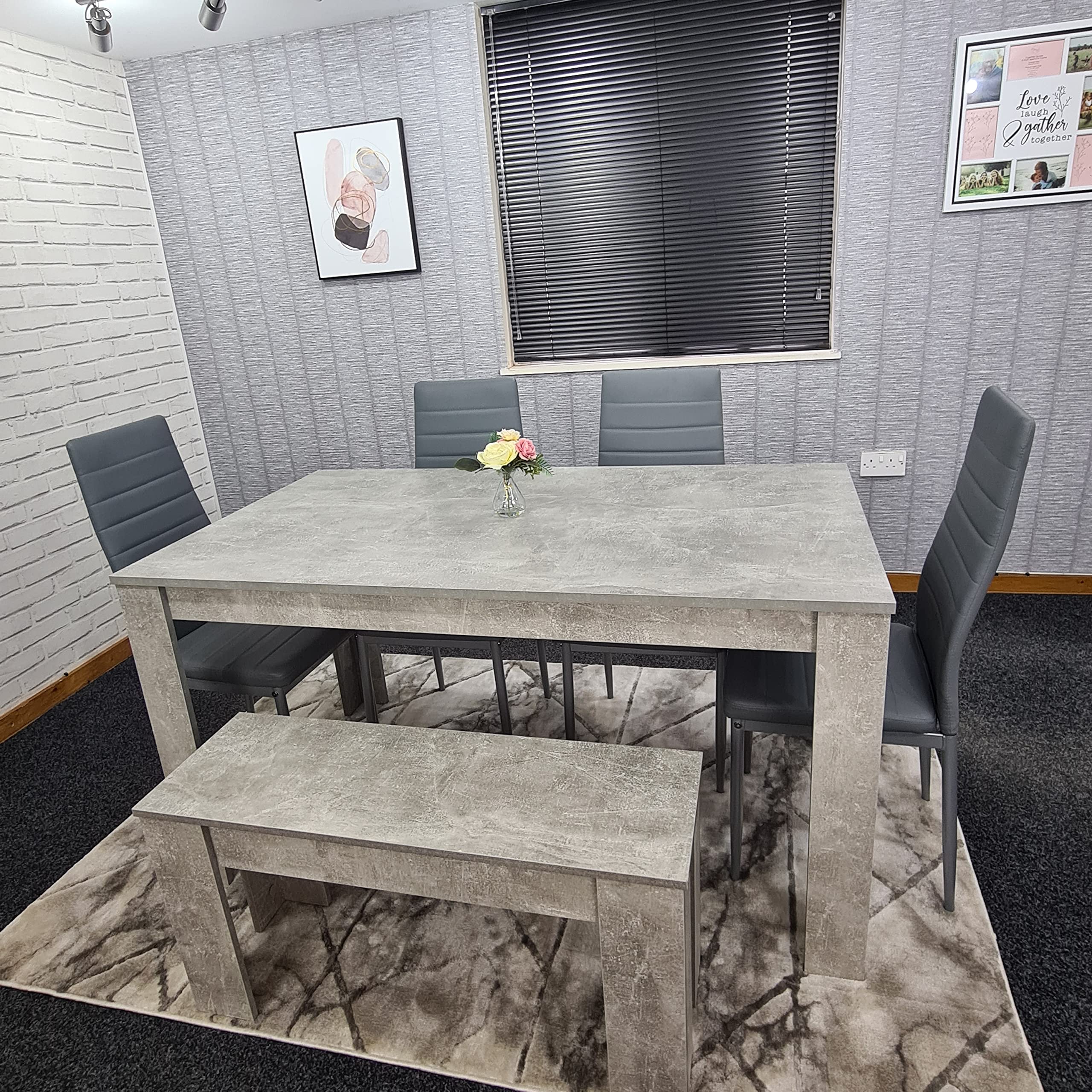 Stylish Grey 5-Piece Dining Set with Table, 4 Chairs & Bench - Modern Kitchen Furniture for Small Spaces | Perfect for Breakfast Nook, Apartment Dining or Cozy Family Meals