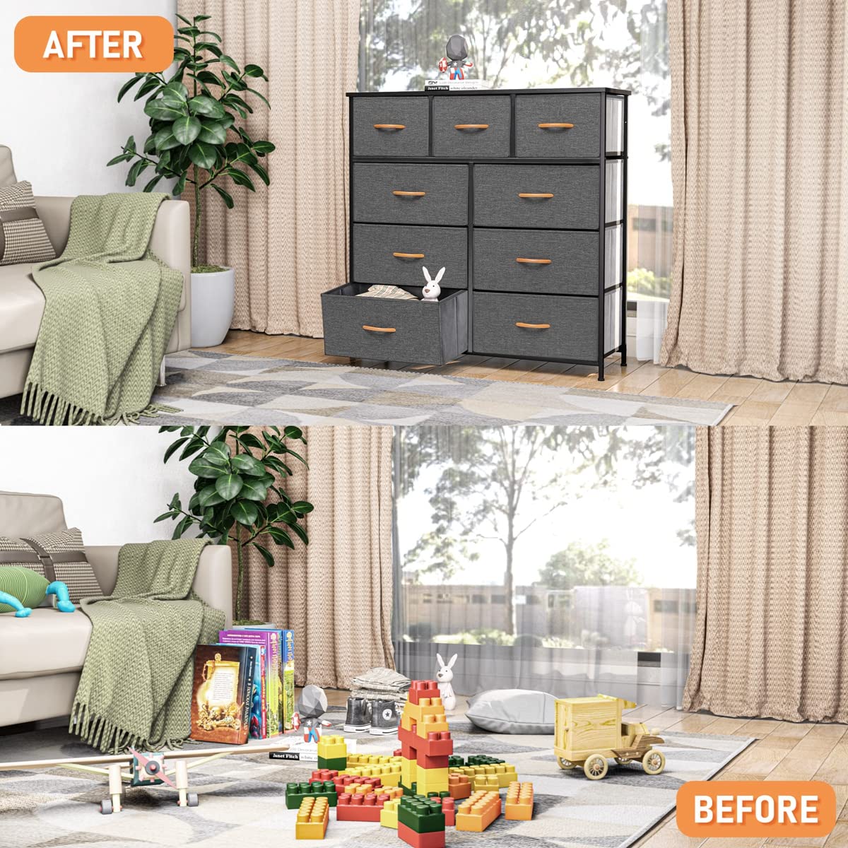9-Drawer Fabric Dresser - Steel Frame & Wooden Top for Bedroom, Nursery, Office Storage