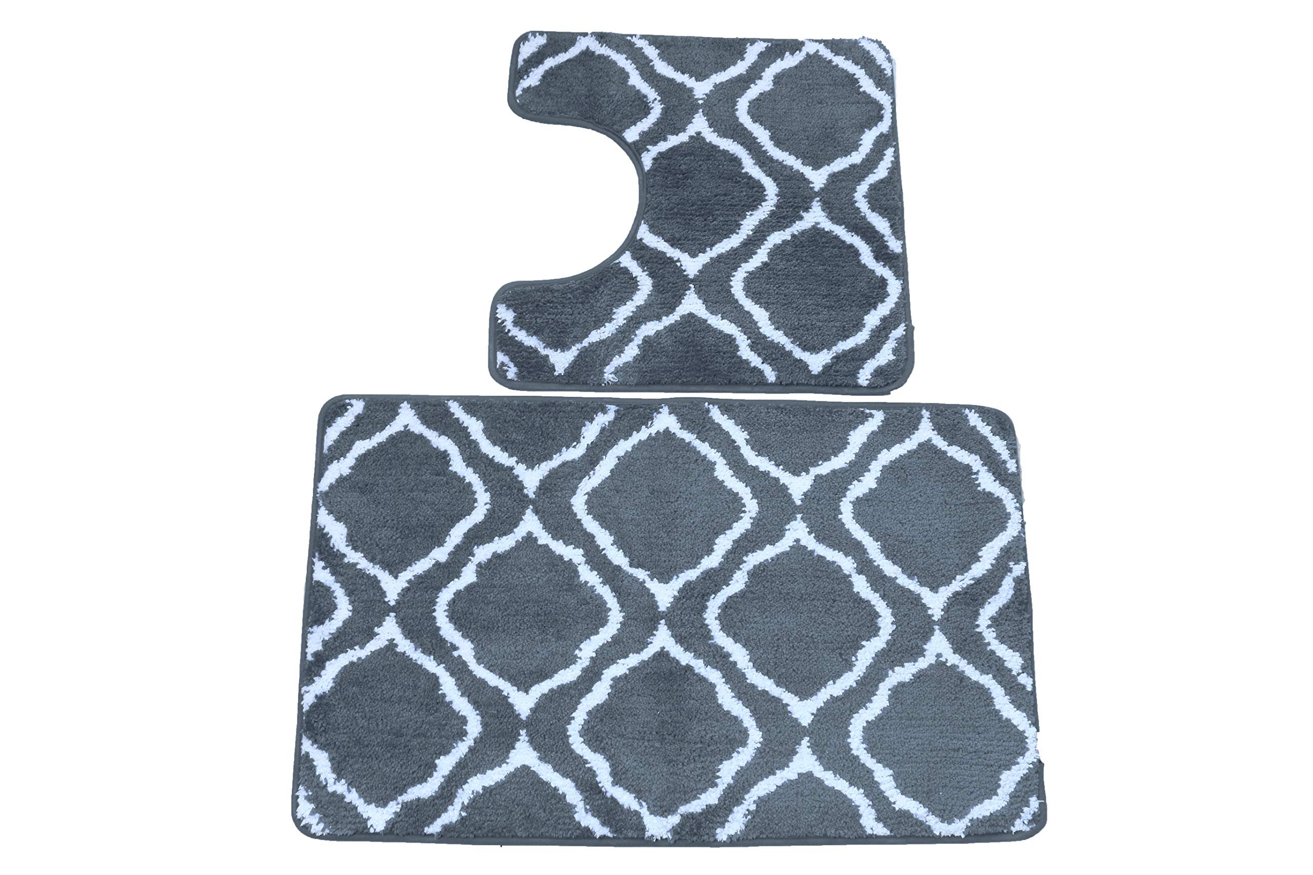 Premium 2-Piece Bathroom Rug Set - Non-Slip Solid Grey Bath Mat & Toilet Lid Cover with Rubber Backing | Soft Geometric Design for Modern Bathrooms, Guest Baths & Master Suites