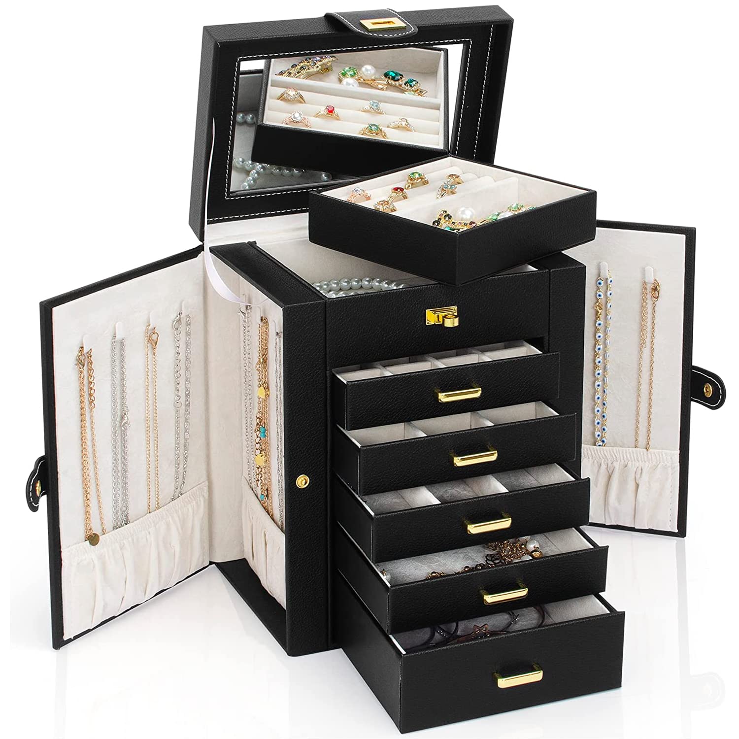 AKOZLIN Leather Jewelry Box Organizer for Women - Elegant Storage Case with Mirror for Rings, Necklaces, Earrings & Bracelets | Perfect for Travel, Home Vanity & Gift Giving