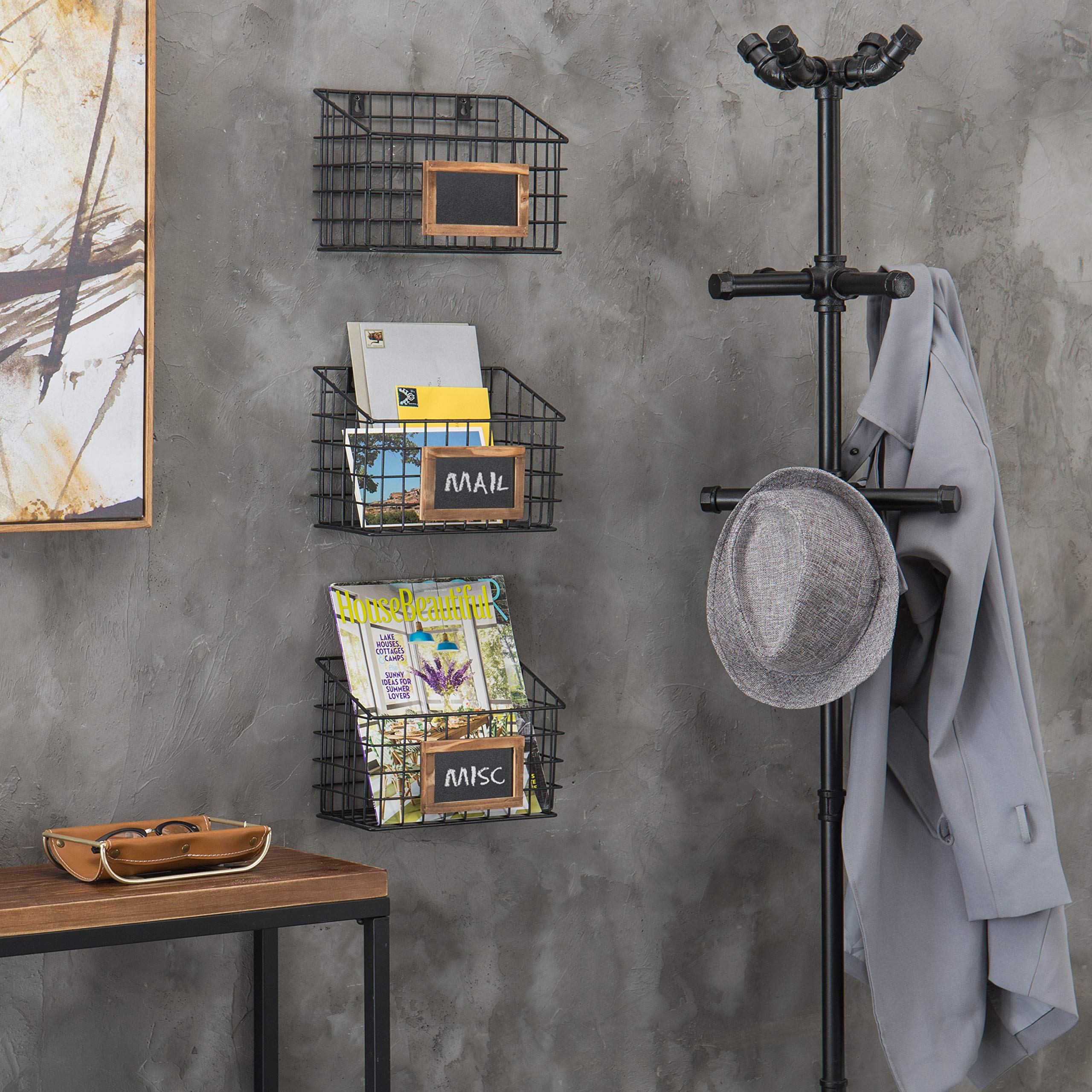 MyGift 10 Inch Wall Mounted Matte Black Metal Wire Storage Baskets with Chalkboard Labels - Set of 3 Small Hanging Organizer Bins for Home, Entryway, Kitchen Pantry & Closet Organization - Perfect for Storing Spices, Keys, Mail & Small Essentials