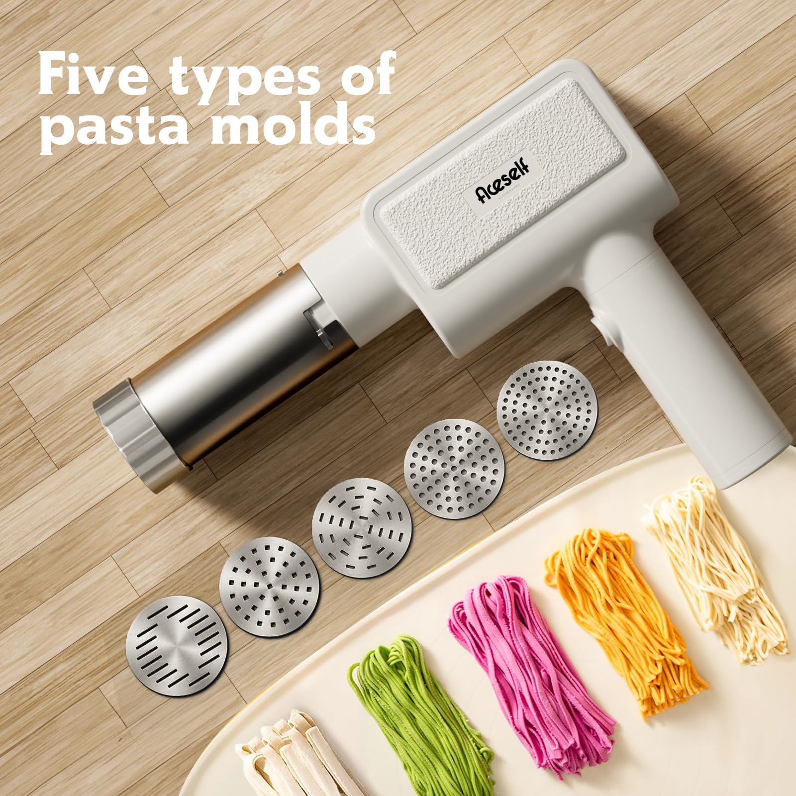 Electric Pasta Maker Machine - Portable Cordless Automatic Noodle Maker with 5 Shaping Molds & Cutter | Homemade Fresh Spaghetti, Fettuccine, Lasagna | Perfect for Italian Cooking, Family Meals & Restaurant Use
