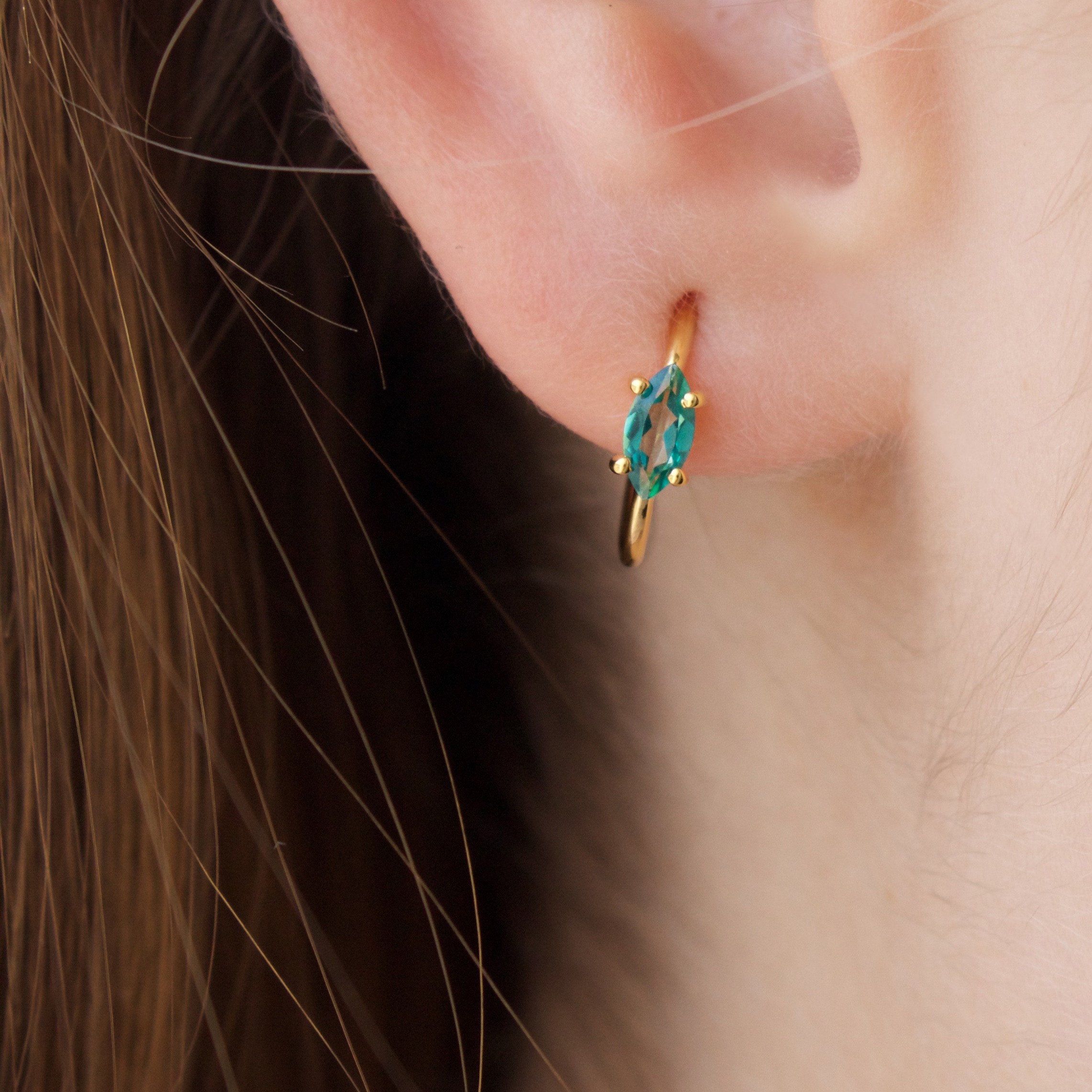 Marquise Shape Fern Green Topaz Claw Set Hoop Earrings for Women | Dainty Bohemian Jewelry | Perfect for Weddings, Parties & Everyday Wear