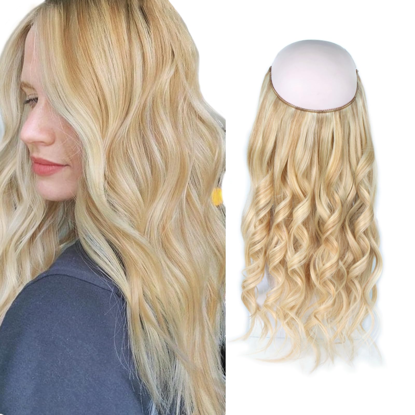 Sassina Invisible Wire Hair Extensions - 18 Inch Real Human Hair with Transparent Wire, Adjustable Size & Secure Clips - Natural Straight Secret Miracle Hairpiece (110g, #P18/613) for Weddings, Parties & Daily Styling