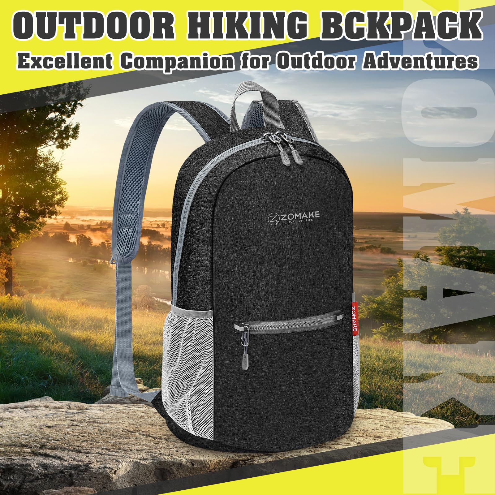 ZOMAKE 10L Lightweight Packable Hiking Backpack - Waterproof Foldable Daypack for Women & Men - Durable Travel Backpack for Camping, Hiking, Outdoor Adventures - Perfect for Day Trips, Gym & Commuting (Black)