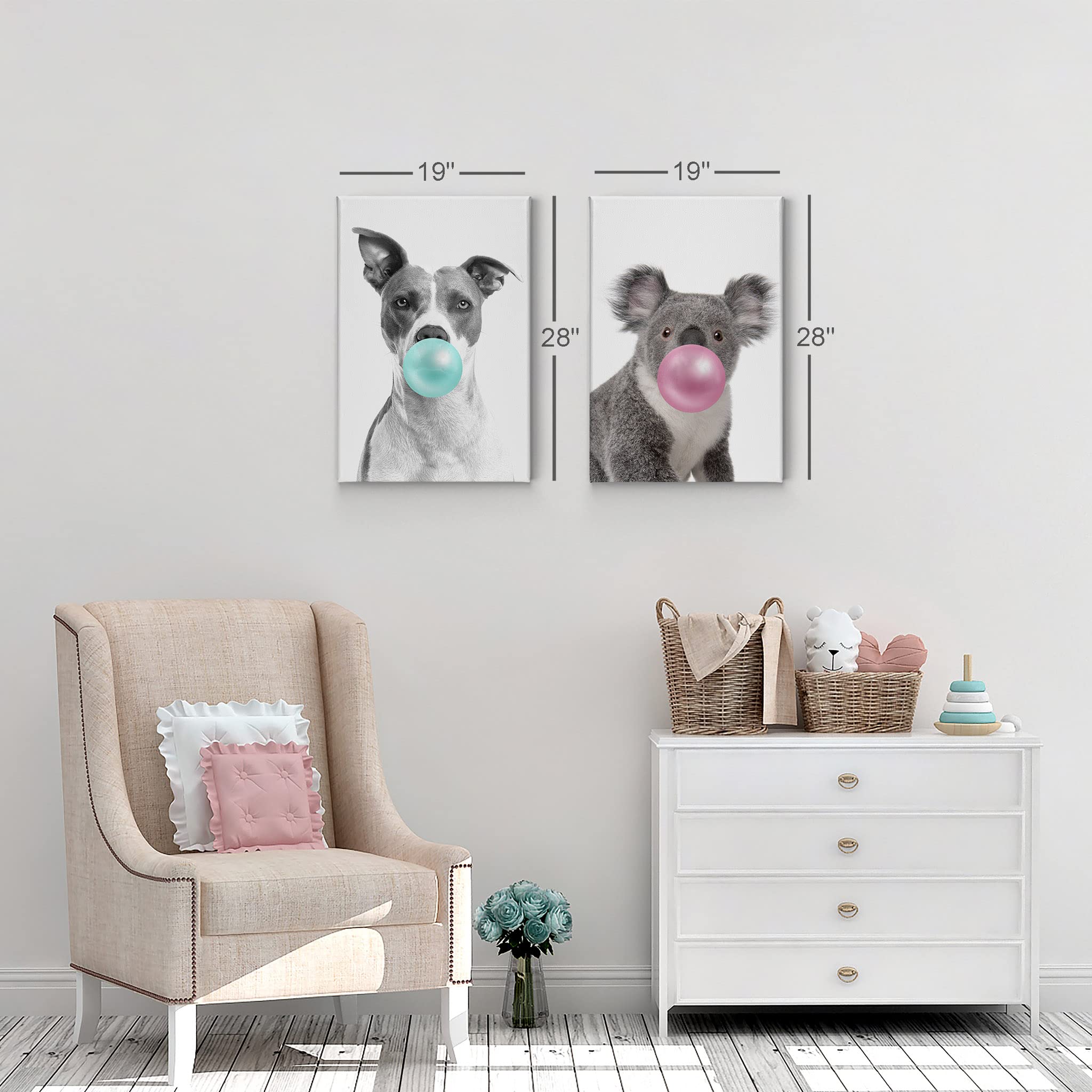 Pitbull Dog & Koala Animal Bubble Gum Art Canvas Print Set - Pink & Blue Gum Black White Wall Decor for Kids Room, Nursery, Living Room - Ready to Hang 36x24 - Made in USA | Unique Home Décor Gift for Boys & Girls
