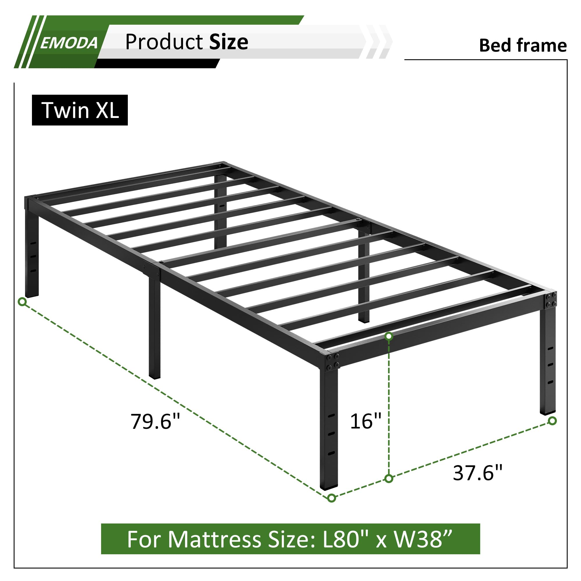 EMODA 16 Inch Heavy Duty Metal Platform Bed Frame for Twin XL - No Box Spring Needed, Noise Free & Easy Assembly - Black - Perfect for Dorms, Apartments & Guest Rooms