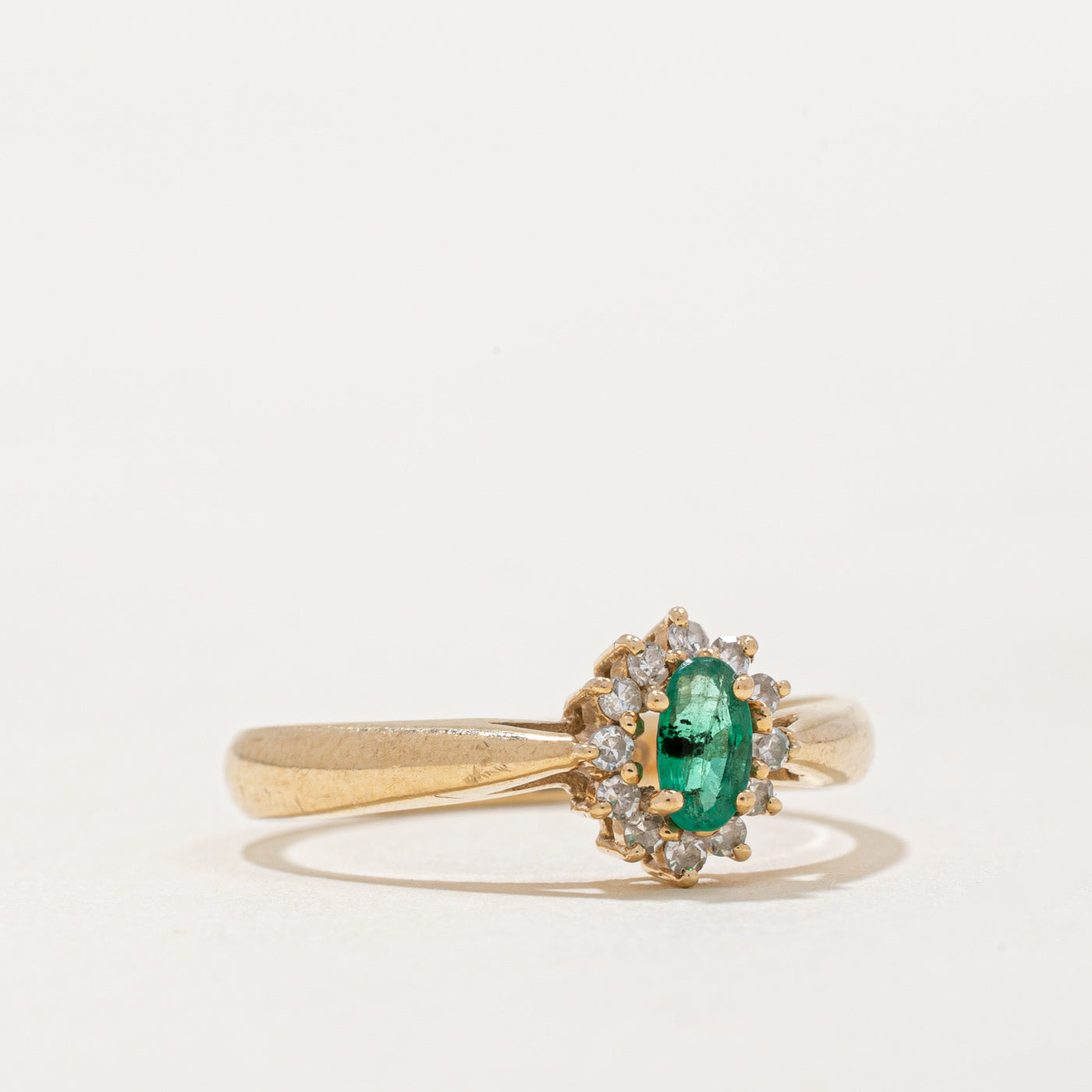 Emerald & Diamond Halo Reverse Tapered Ring - 0.12ct Emerald & 0.10ctw Diamond - Size 6.5 - Elegant Engagement, Wedding, Anniversary Gift for Her