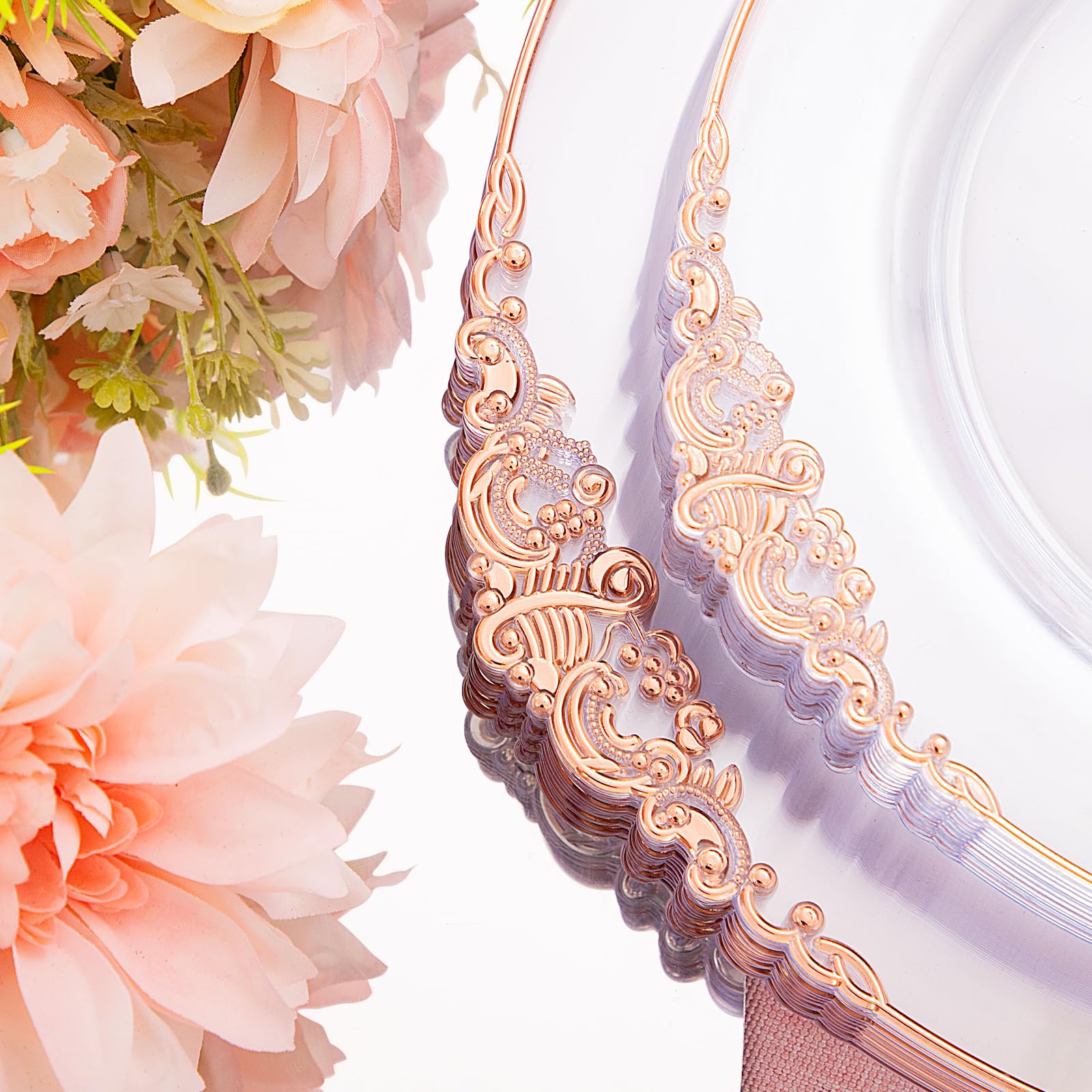 175PCS Clear Rose Gold Plastic Plates Set - 25 Dinner Plates, 25 Salad Plates, 25 Forks, 25 Knives, 25 Spoons, 25 Cups & 25 Napkins - Elegant Disposable Tableware for Weddings, Parties, Mother's Day & Special Events
