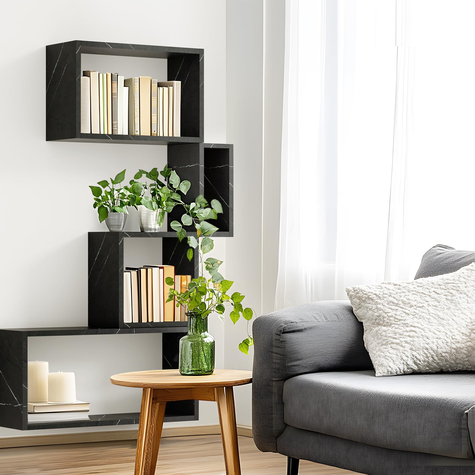 Kaboon 4-Piece Floating Wall Mount Shelf Set - Large Cube Shelves for Home & Office Decor, Space Saving Storage - Cloud Atlas & Black Marble Finish | Perfect for Living Room, Bedroom, Kitchen & Commercial Spaces