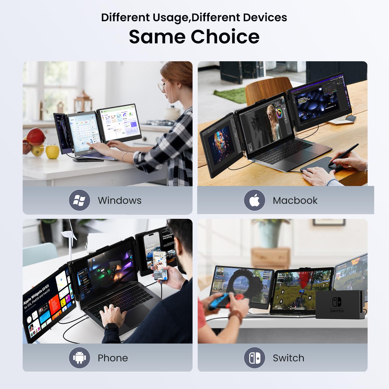 12'' Triple Screen Extender - Ultra Slim 1080P FHD IPS Portable Monitor with Stand for Laptop, Compatible with Mac Windows Linux Switch PS4/5 - Perfect for Gaming, Coding & Multitasking