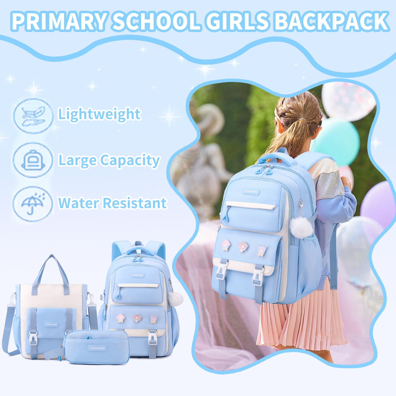 **Girls Backpack Set - 3pcs Blue School Backpack for Teen & Kids, Lightweight Bookbag for Elementary, Middle & High School - Perfect for Daily Use, Travel & Outdoor Activities**