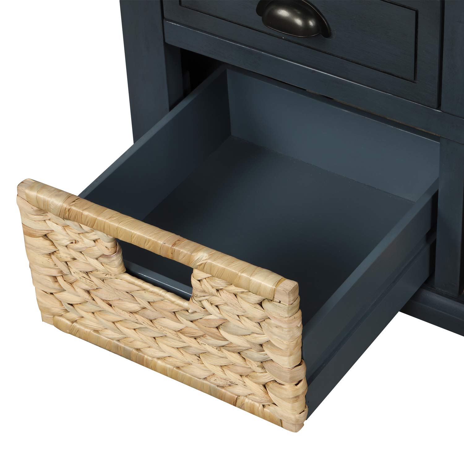 Rustic Storage Bench with 3 Drawers & Rattan Baskets - Entryway Shoe Bench for Living Room, Hallway, Bedroom - Antique Navy Home Decor Organizer for Shoes, Blankets & Entry Storage