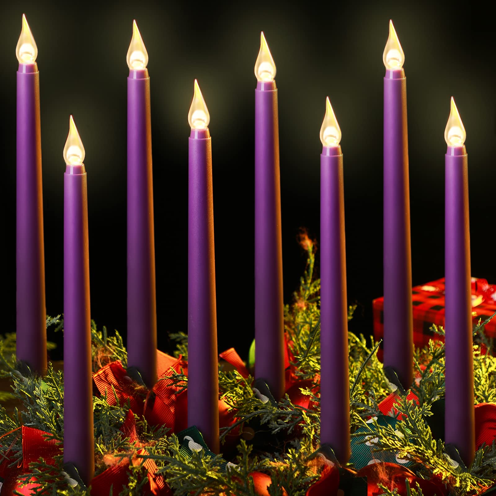 Enhon 8-Pack 10-Inch Purple Flameless LED Taper Candles - Battery Operated Flickering Candles for Wedding Decor, Christmas Centerpiece, Holiday Table Setting, Church Ceremony & Home Decoration - Safe for Kids & Pets