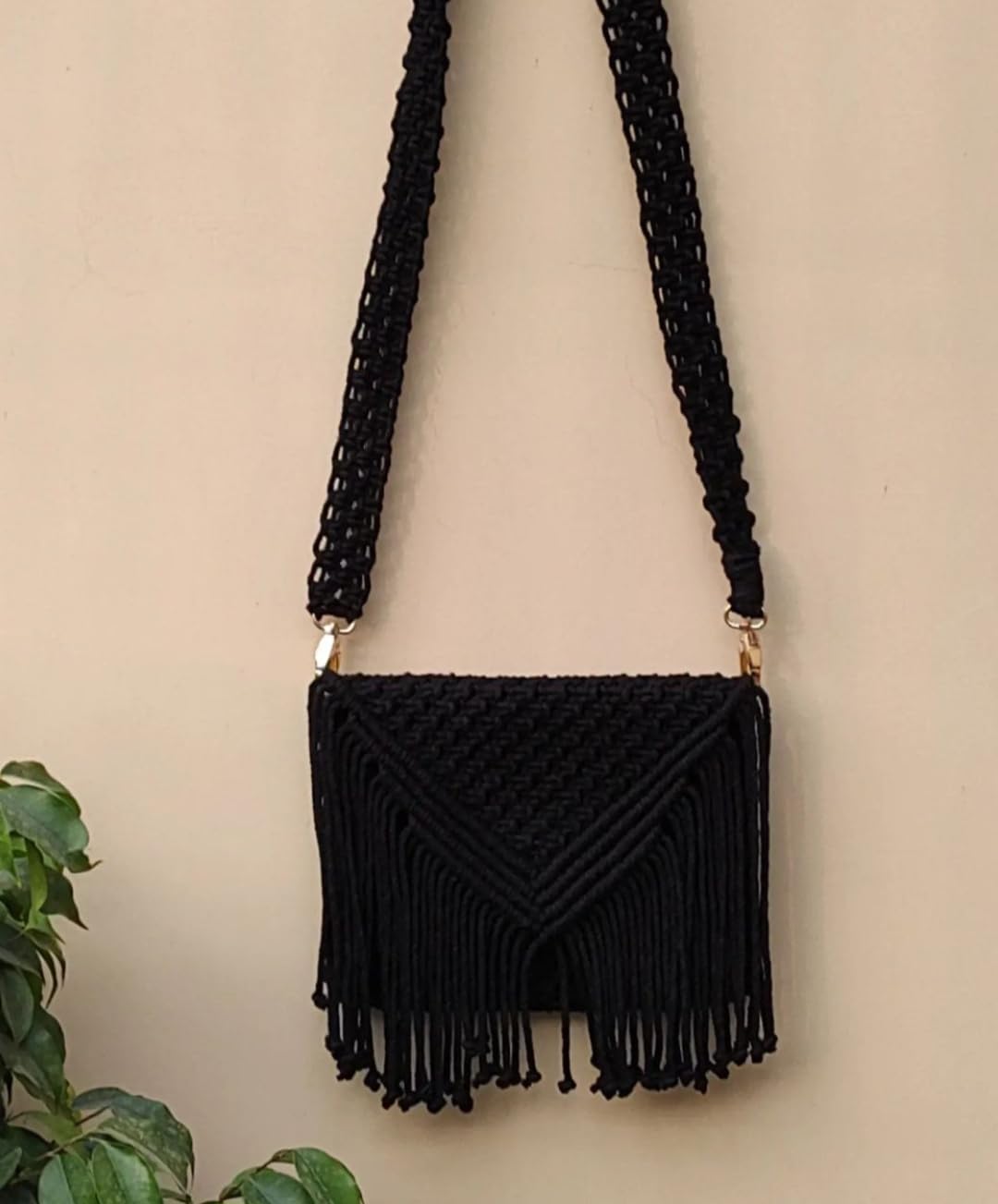 Handmade Macrame Shoulder Bag for Women - Boho Style Crossbody Purse with Adjustable Strap - 23cm x 23cm Black Handbag - Perfect for Beach, Festival & Everyday Use