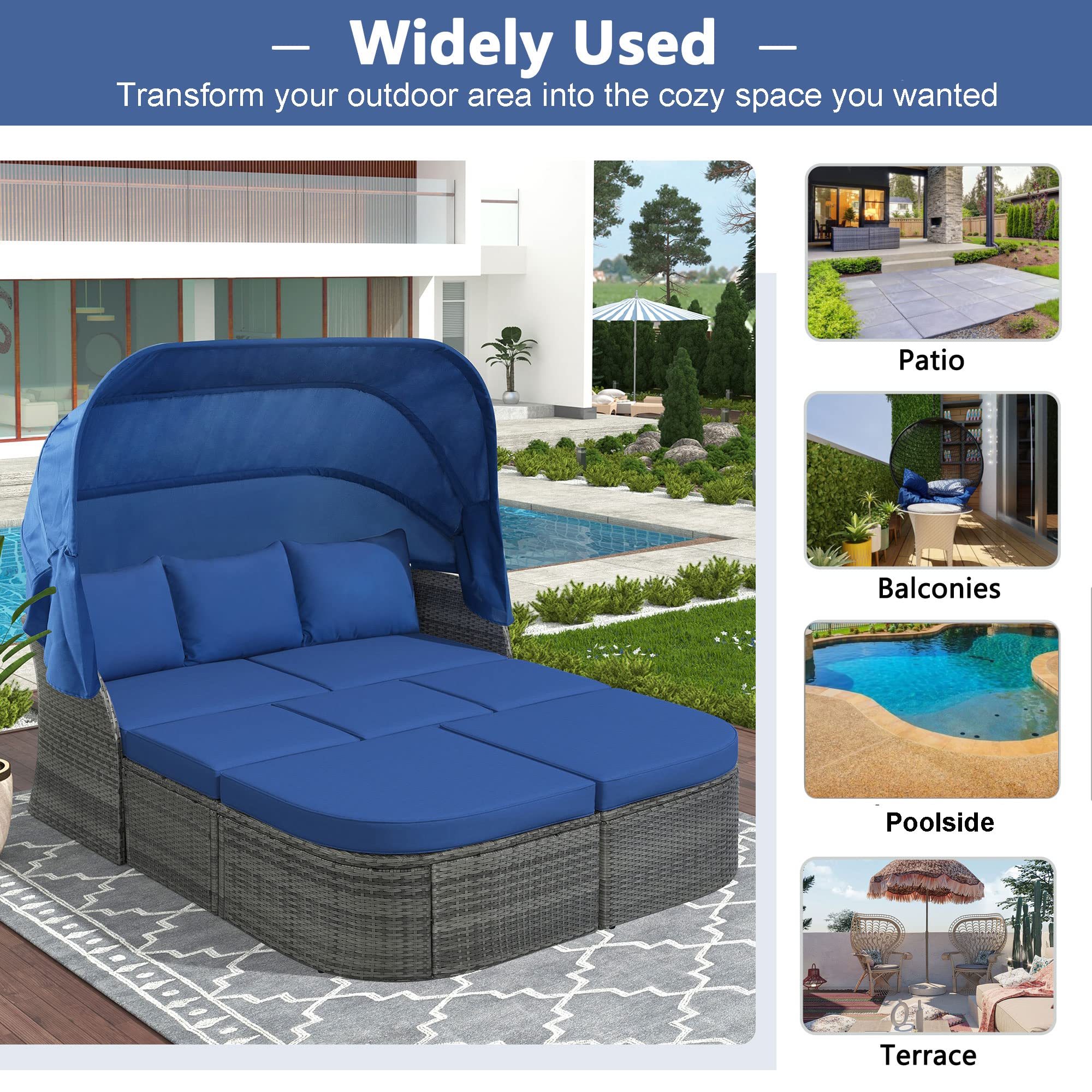 Amposei Outdoor Patio Furniture Set - Blue Rattan Wicker Sunbed Sectional with Canopy for Porch, Balcony, Backyard | Perfect for Lounging, Sunbathing & Relaxing in Your Outdoor Space
