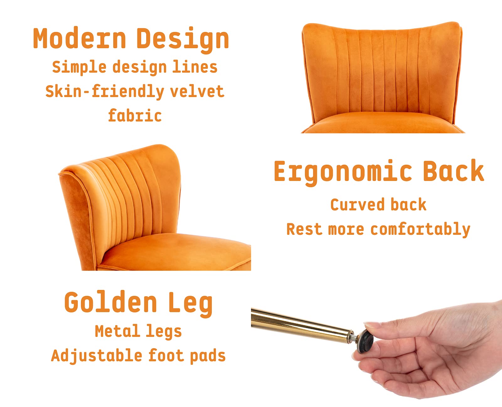 Velvet Accent Chairs Set of 2 - Mid-Century Modern Upholstered Side Chairs with Golden Legs, Comfy Armless Wingback Slipper Chairs for Living Room, Guest Room & Bedroom - Stylish Orange Home Decor for Cozy Seating & Lounge Areas