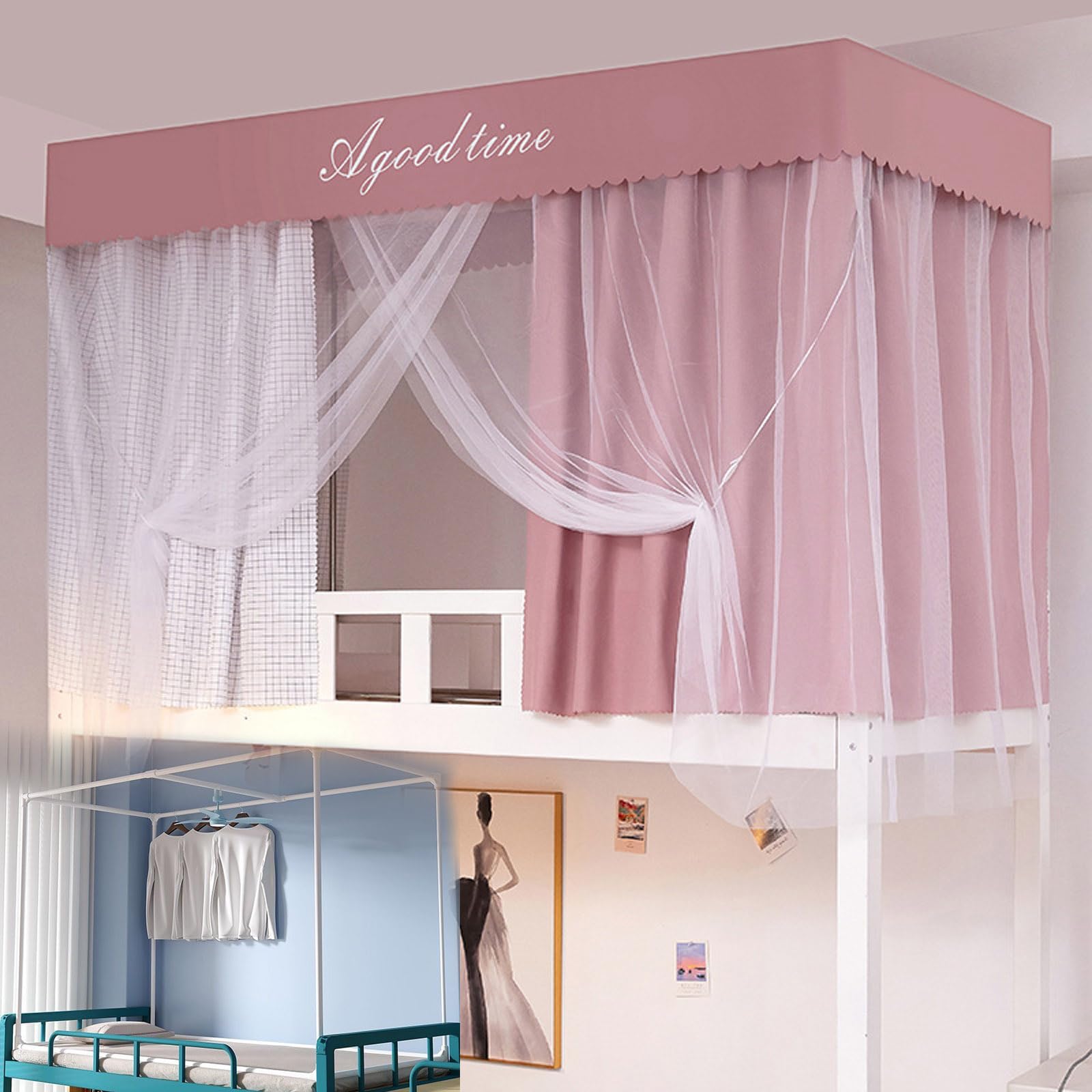 Bunk Bed Canopy with Frame - Breathable Loft Bed Tent Curtains 190x90x110cm for Top Bunk - Dorm Room Privacy Curtain for Girls & College Students - Perfect for Bedroom Decor & Sleep Privacy