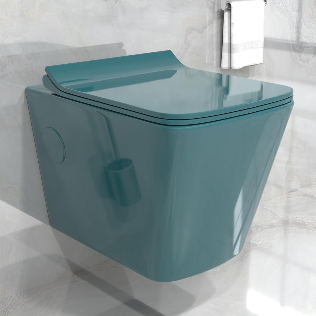 Ceramic Wall-Mounted Rimless Western Toilet with Soft Close Seat - Modern Water Closet for Bathroom, P-Trap Outlet, Green Glossy Finish - Perfect for Small Bathrooms & Contemporary Home Decor
