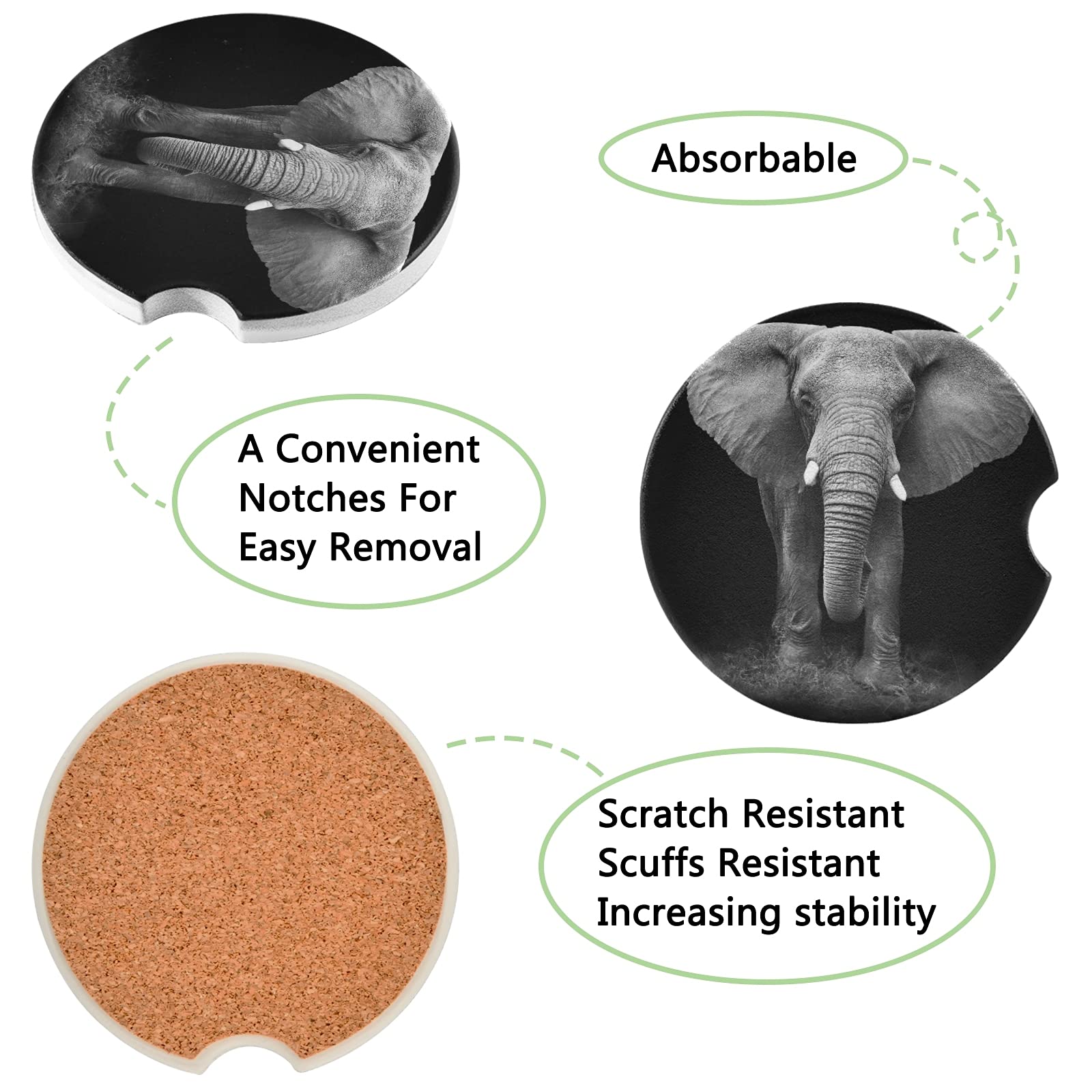 2 Pack African Elephant Ceramic Car Coasters - Absorbent Drink Coasters for Car Cup Holders with Non-Slip Grip (2.5 Inch) - Perfect for Coffee, Tea, and Beverages in Cars, Trucks, and SUVs