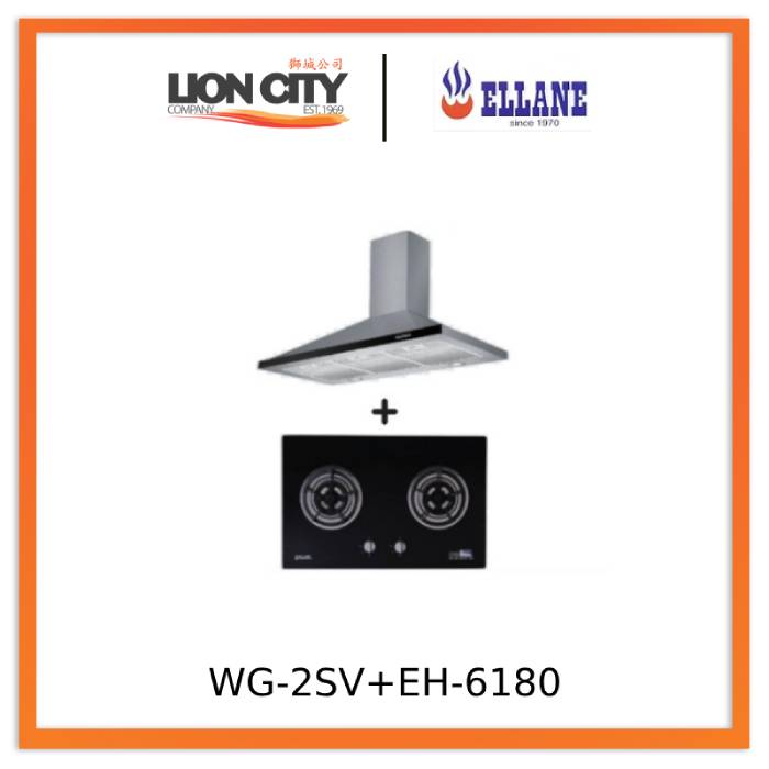 Ellane EH 6180 90cm Stainless Steel Range Hood with Chimney + Ellane WG 2SV 80cm 2-Burner Glass Gas Cooktop with Safety Features - Perfect for Modern Kitchens and Home Cooking