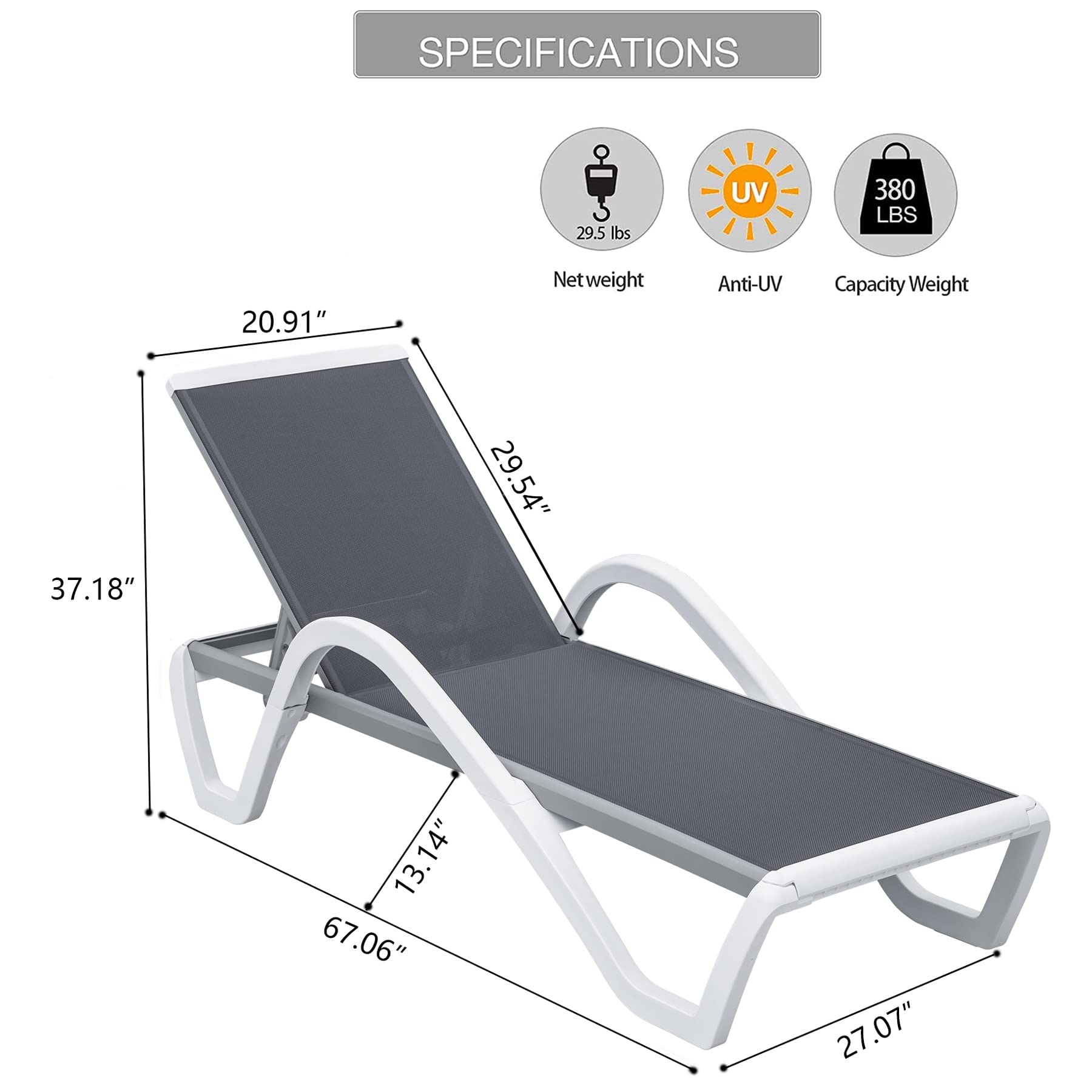 **Domi Patio Chaise Lounge Chair - Adjustable Aluminum Outdoor Pool Lounge with Textilene Fabric, All-Weather Patio Furniture for Deck, Lawn, Garden, Backyard & Poolside Relaxation - Gray**