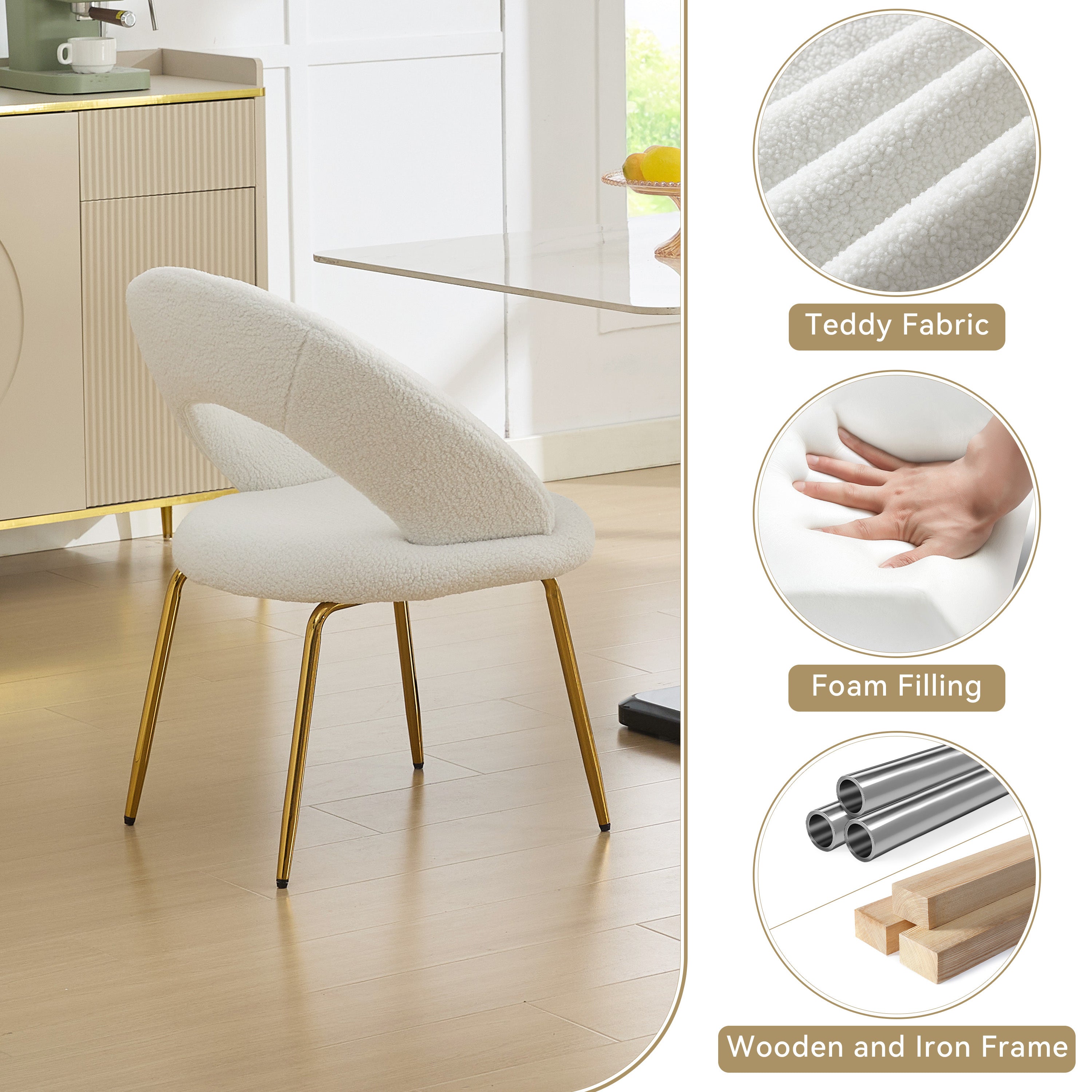 Teddy Fabric Dining Chairs Set of 1 - White Upholstered Kitchen Chairs with Curved Backrest & Gold Metal Legs for Dining Room, Breakfast Nook or Small Space Decor
