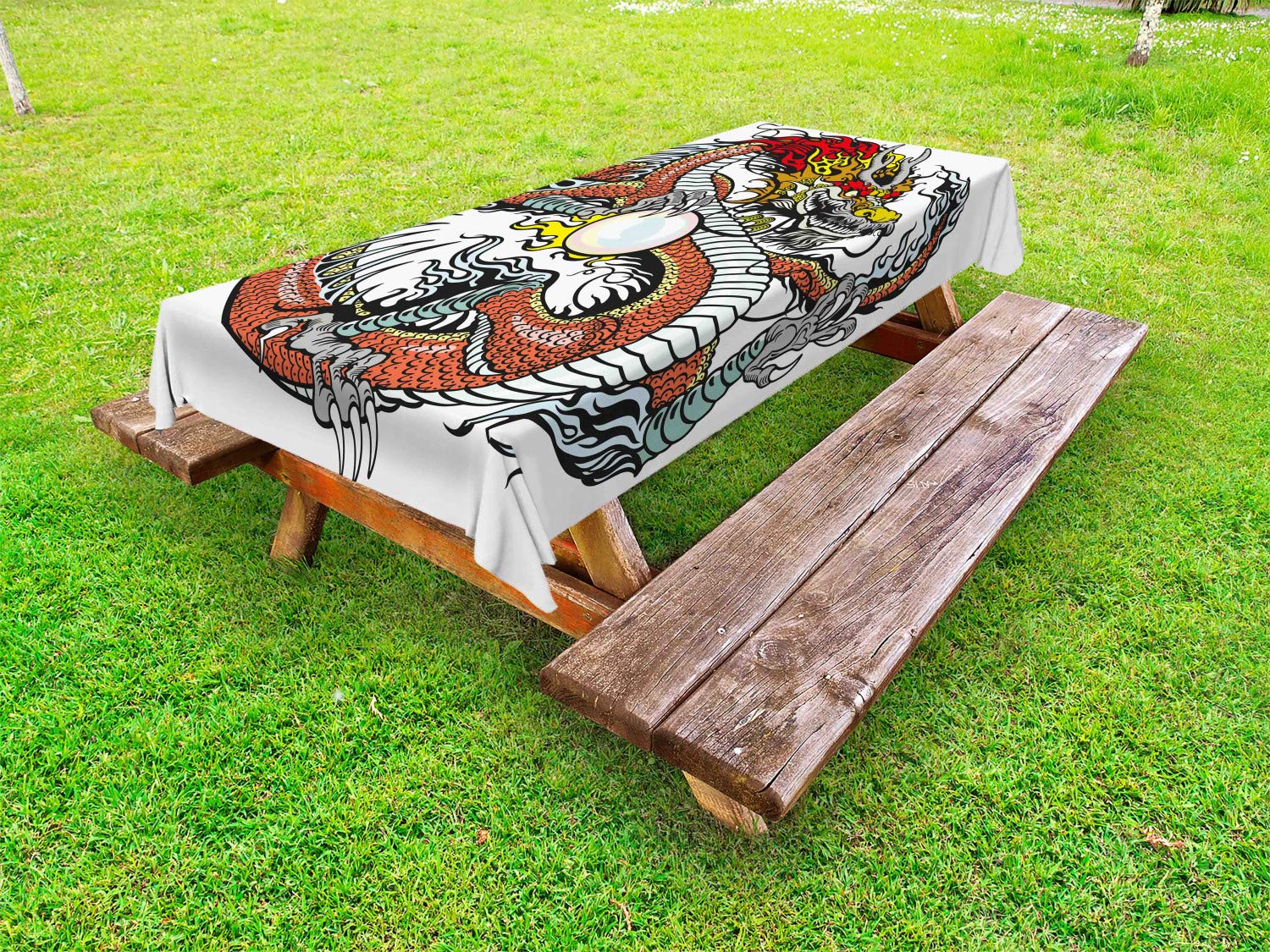 Ambesonne Dragon Tablecloth - Traditional Chinese Zodiac Folk Art Design with Pearl Motif, Washable & Durable 58x104 Inch Outdoor Picnic Table Cover - Perfect for Asian-Themed Parties, Garden Gatherings, and Festival Decorations