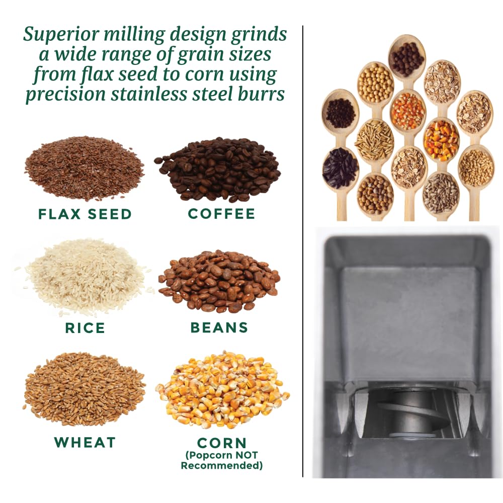 Premium Stainless Steel Grain Mill for Wheat Flour Grinding - Heavy Duty Electric Grain Grinder with Metal Burrs - Perfect for Home Baking, Bread Making & Healthy Cooking