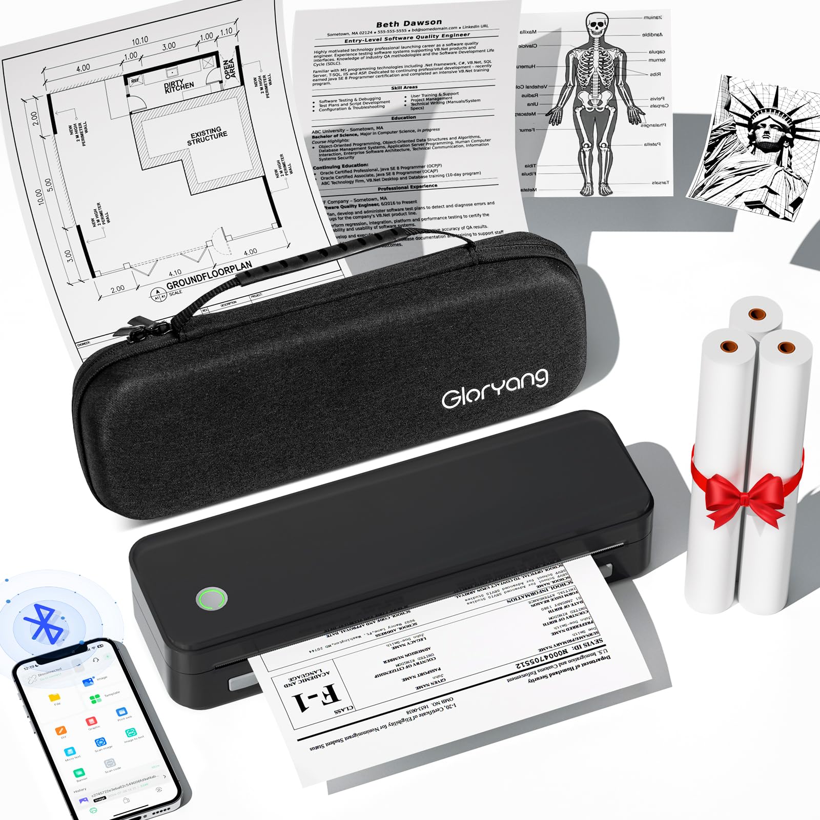 Wireless Thermal Printer for Travel - Portable Inkless Printer with Bluetooth, Supports 8.5x11 Inch US Letter Size Paper, Includes Carry Case & 3 Thermal Paper Rolls (Black) - Perfect for Business Trips, Home Office & On-the-Go Printing Needs