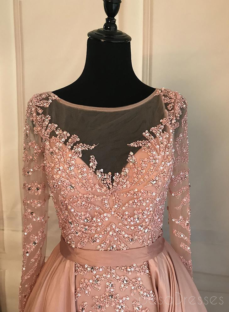 Elegant Long Sleeve Sheer Beaded Dusty Pink Evening Prom Dress - 2018 Popular Party Gown for Formal Events & Special Occasions