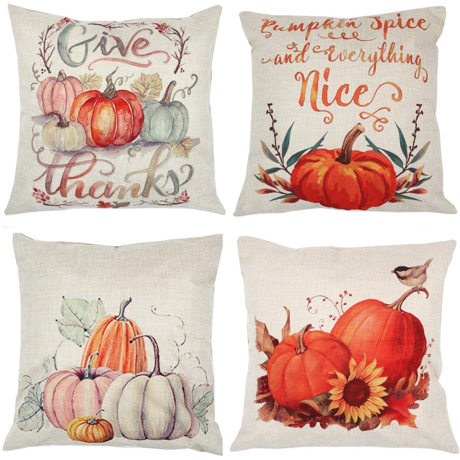 ZUEXT 18x18 Inch Fall Harvest Pumpkin Throw Pillow Covers Set of 4 - Cotton Linen Autumn Thanksgiving Pillow Cases for Sofa, Bed, Couch - Farmhouse Decor, Halloween & Thanksgiving Gifts for Home Decor