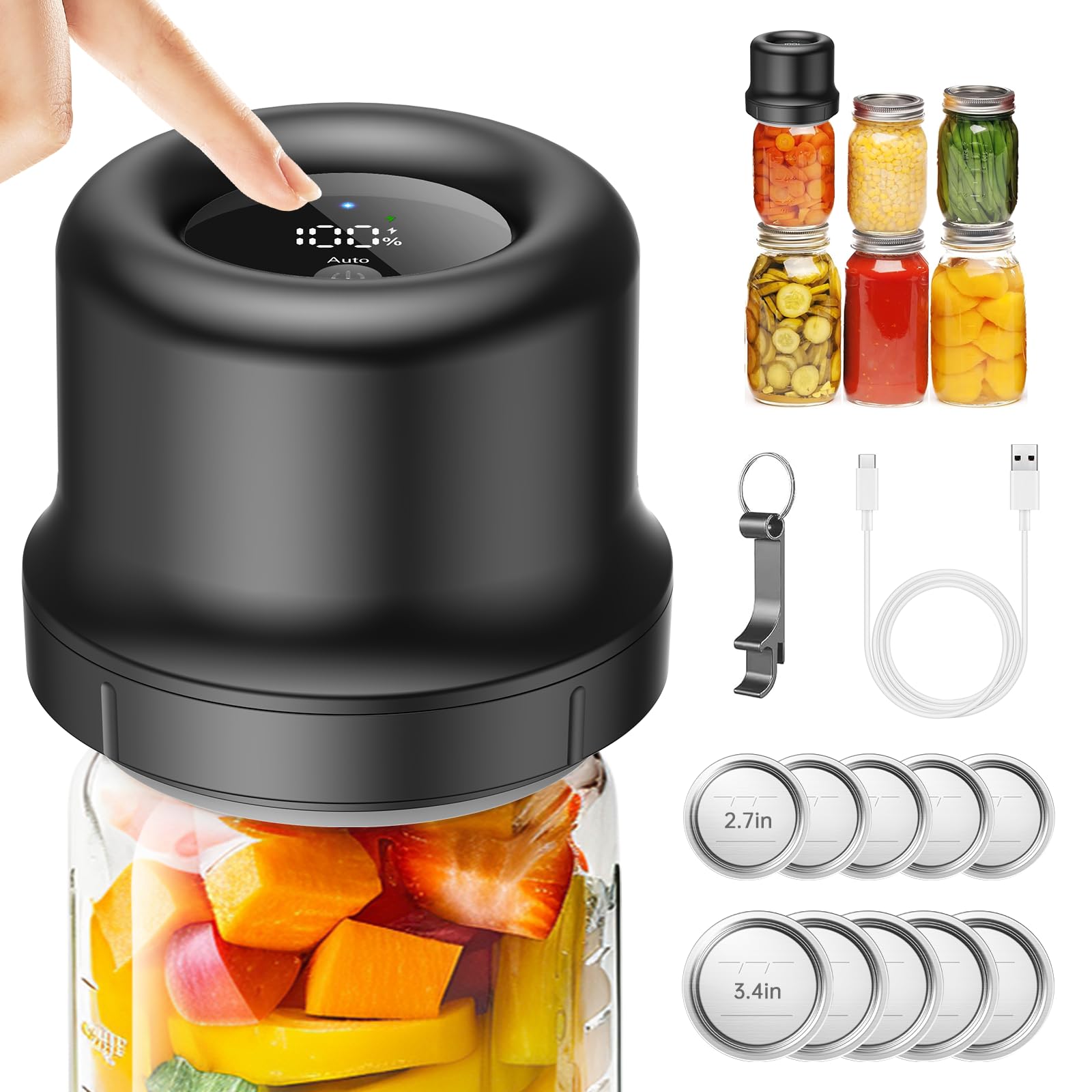 **Electric Mason Jar Vacuum Sealer - Upgraded Smart Integrated Design, Auto Stop 1800mAh Rechargeable, Compatible with Wide & Regular Mouth Lids for Food Storage | Perfect for Meal Prep, Canning & Long-Term Preservation**