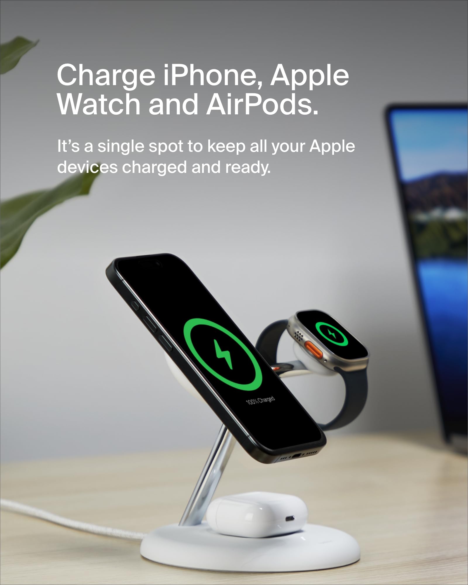 Belkin 3-in-1 Magnetic Wireless Charging Stand - MagSafe & Qi2 15W Fast Charger for iPhone 16/15/14/13 Series, AirPods & Apple Watch | Includes Power Supply | Perfect for Home, Office & Travel - White