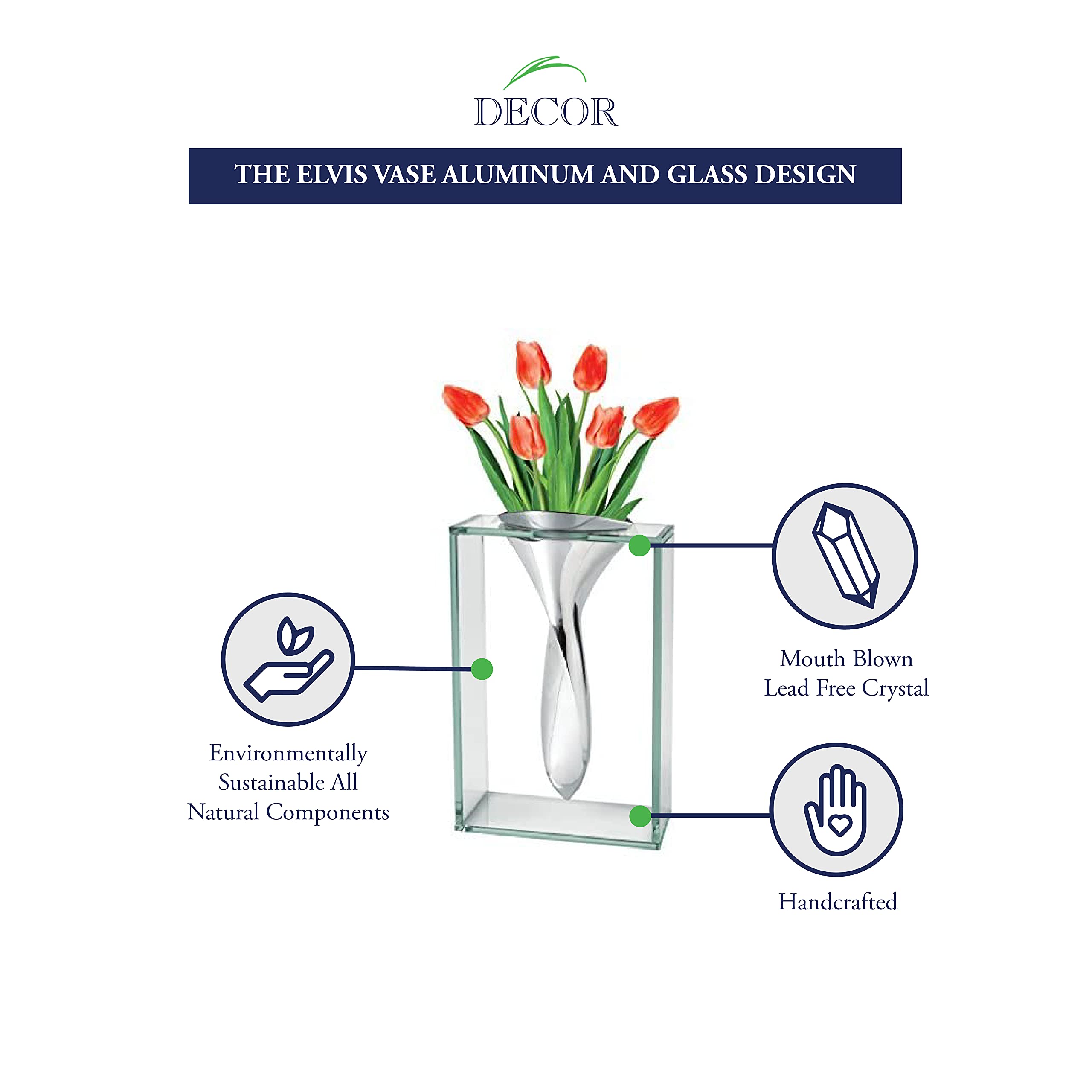 Badash The Elvis Glass Vase - 13 Inch Tall Clear Crystal Flower Vase for Home Decor, Wedding Centerpieces & Tabletop Display - Durable Aluminum and Glass Design - Perfect for Living Room, Dining Table & Office Decor